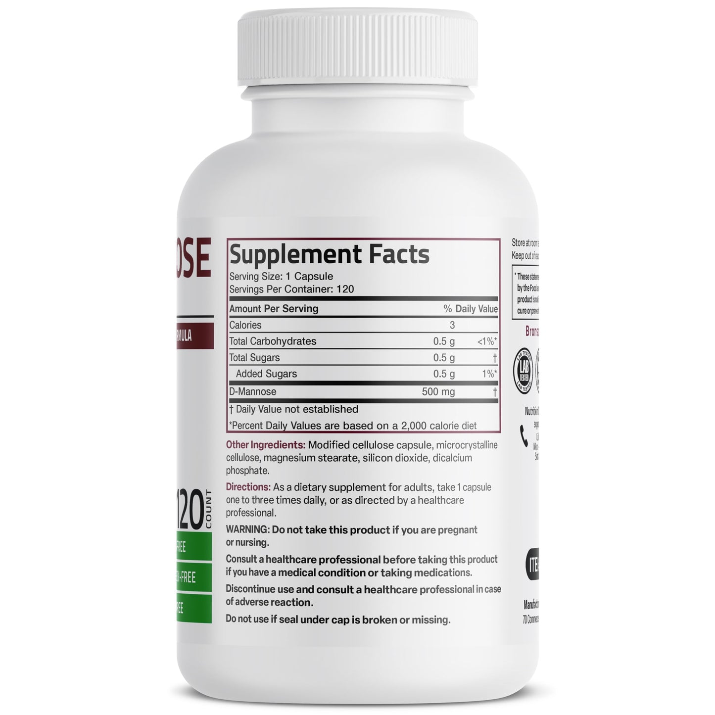 Bronson D-Mannose 500 mg Vegetarian Friendly Formula Non-GMO 120 Capsules