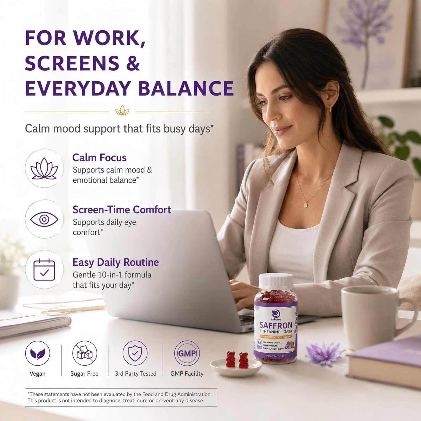 Lukaree Saffron Gummies 88.5mg with L-Theanine 200mg, GABA for Mood, Focus & Vision, Gummy, 120