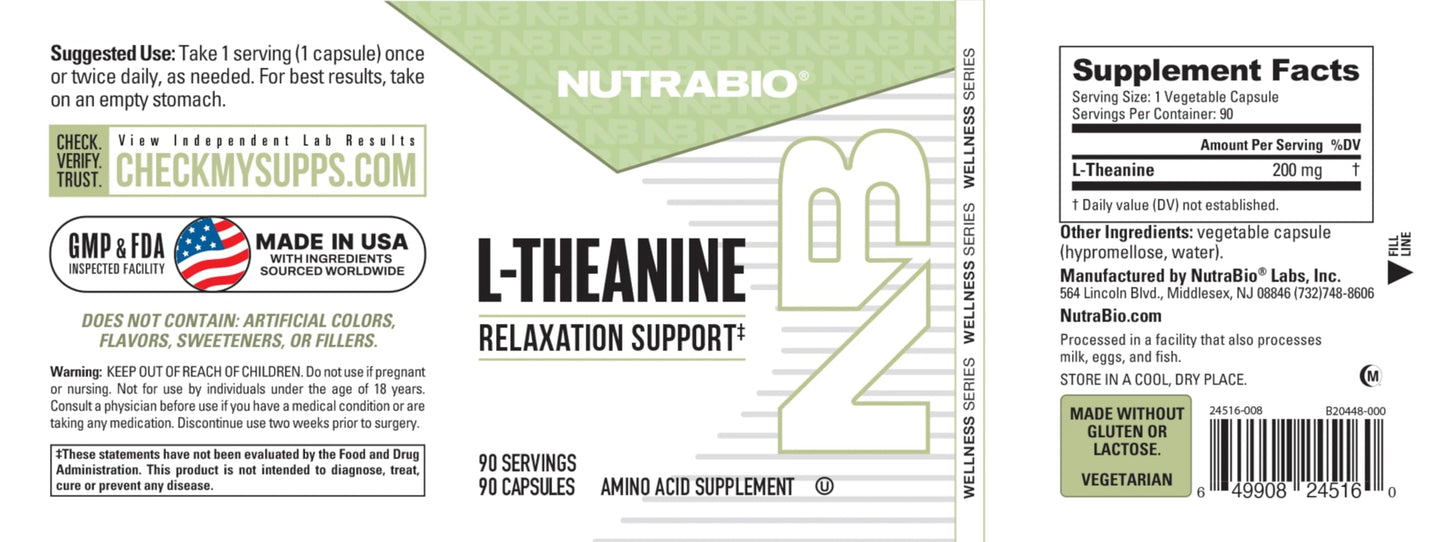 NutraBio L-Theanine Supplement 200mg Capsule, 90 Capsules