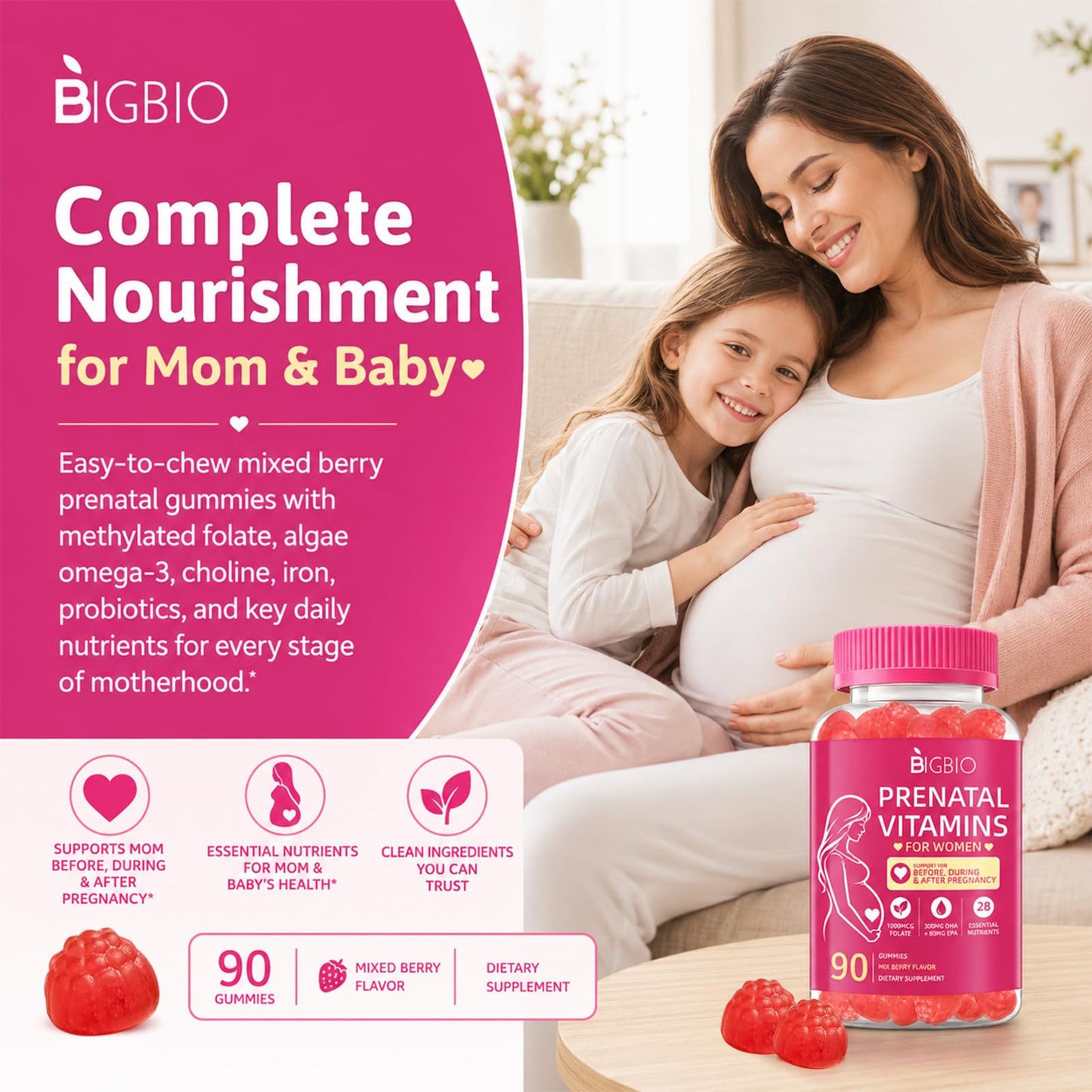 BIGBIO Prenatal Vitamins for Women Gummies, Methylfolate 1mg, Choline, Omega 3 DHA EPA, Iron, Probiotics & B Complex, Postnatal Vitamins for Breastfeeding, Sugar Free Vegan, Mixed Berry, 90 Count