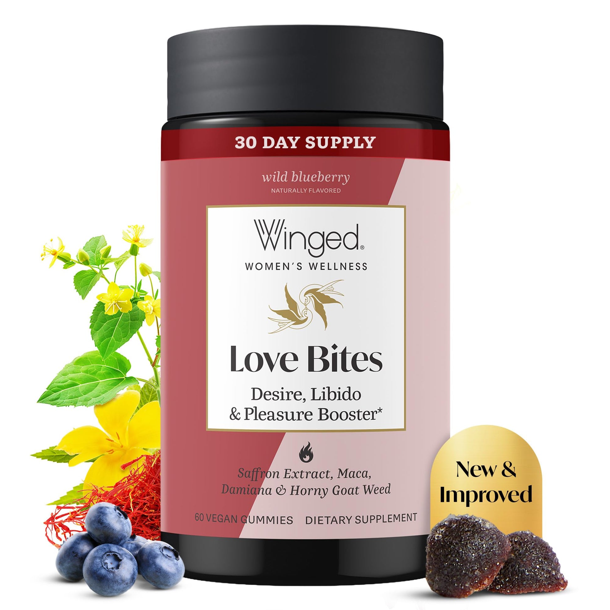 Winged Wellness Love Bites Libido Booster for Women with Maca Root - Libido & Pleasure Booster with Horny Goat Weed & Damiana - Natural Aphrodisiac Gummy Supplement - Wild Blueberry, 60 Gummies
