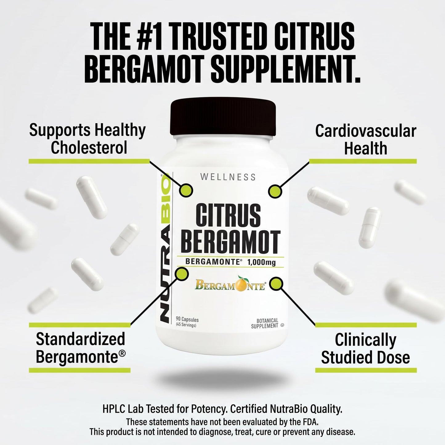 NutraBio Citrus Bergamot Bergamonte Extract Capsules 90 Count
