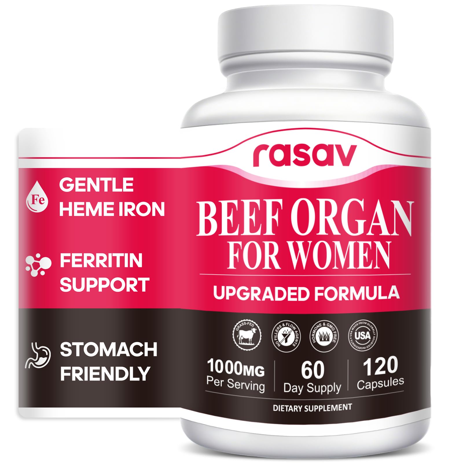 Rasav Beef Organ Supplement for Women - Ferritin Support, Grass-Fed Liver, Uterus, Ovary & Bone Marrow - Natural Anemia Support, Energy & Hormone Balance - Pasture Raised - 120 Capsules