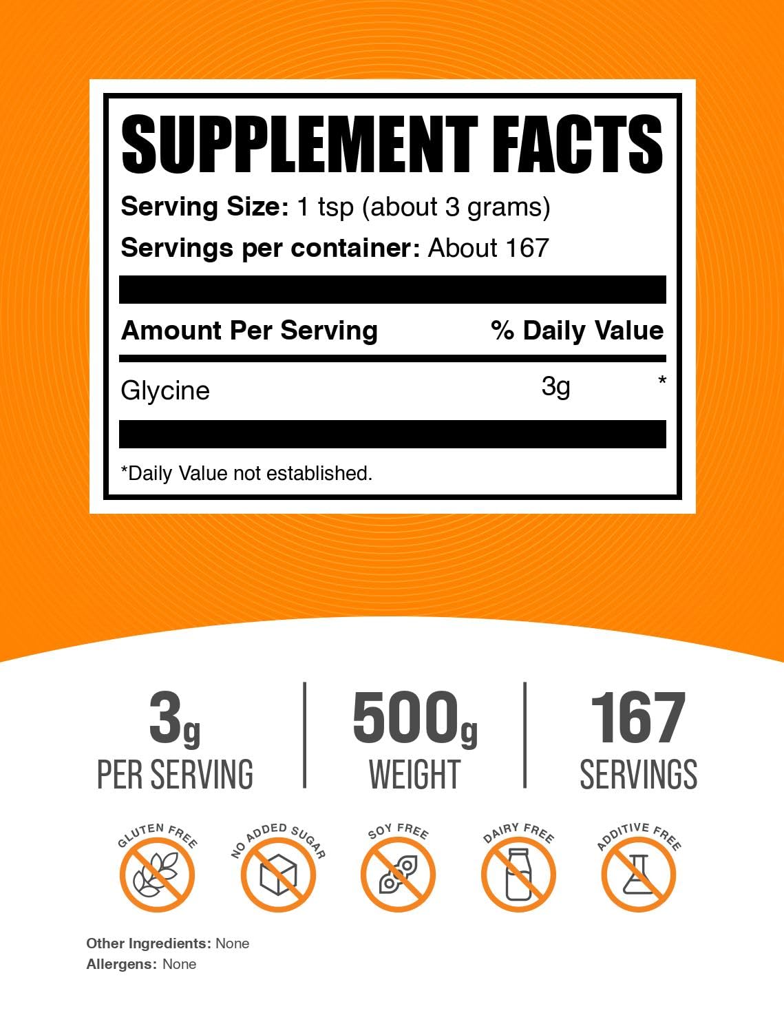 BulkSupplements Glycine Powder, 1.1 lb (167 Servings), Pack of 1