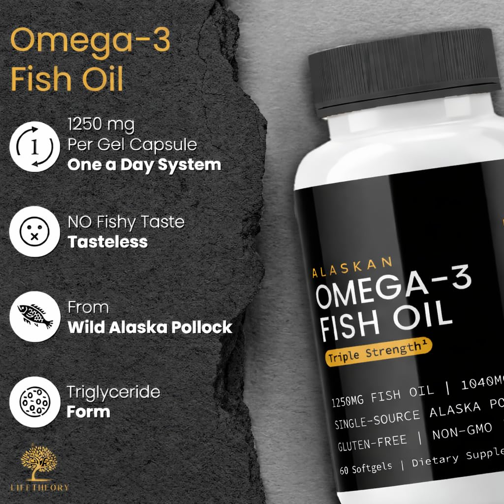 LIFETHEORY Alaskan Omega-3 Fish Oil 1250mg, 1040mg Omega-3 (EPA & DHA), Wild Alaska Pollock, Triglyceride Form Softgels 60