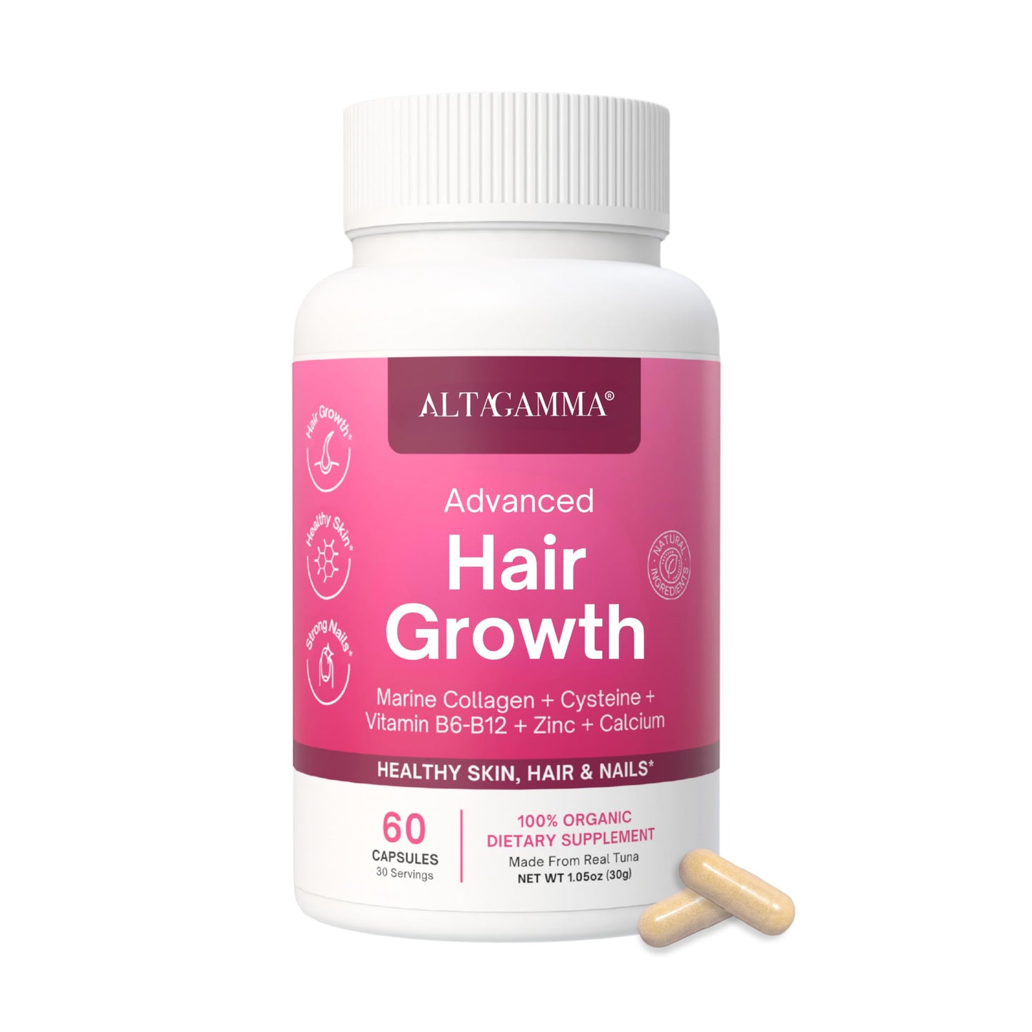 ALTAGAMMA Hair Growth Supplements with Marine Collagen Peptides, 60 Capsules