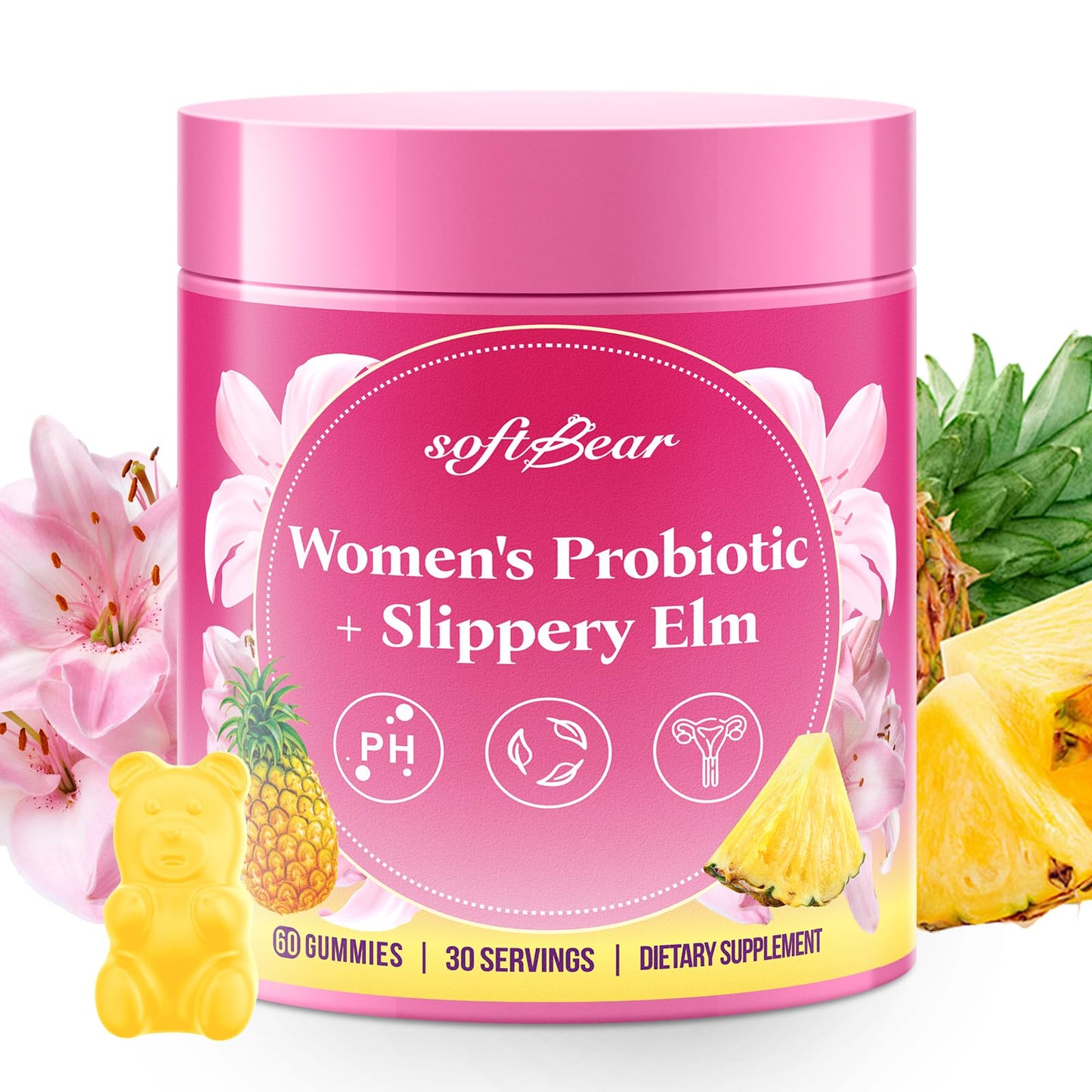 softbear Womens Probiotic Slippery Elm Gummies 60 Count