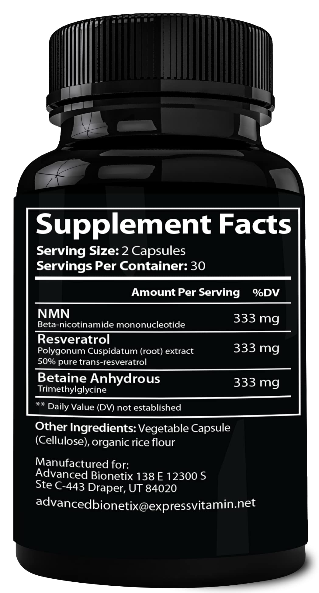 Advanced Bionetix NMN Resveratrol Betaine (TMG) Capsules, 60 Count