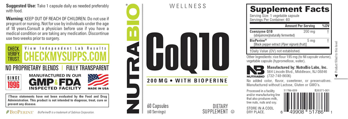 NutraBio CoQ10 Dietary Supplement with Bioperine 200mg Capsule, 60 Capsules