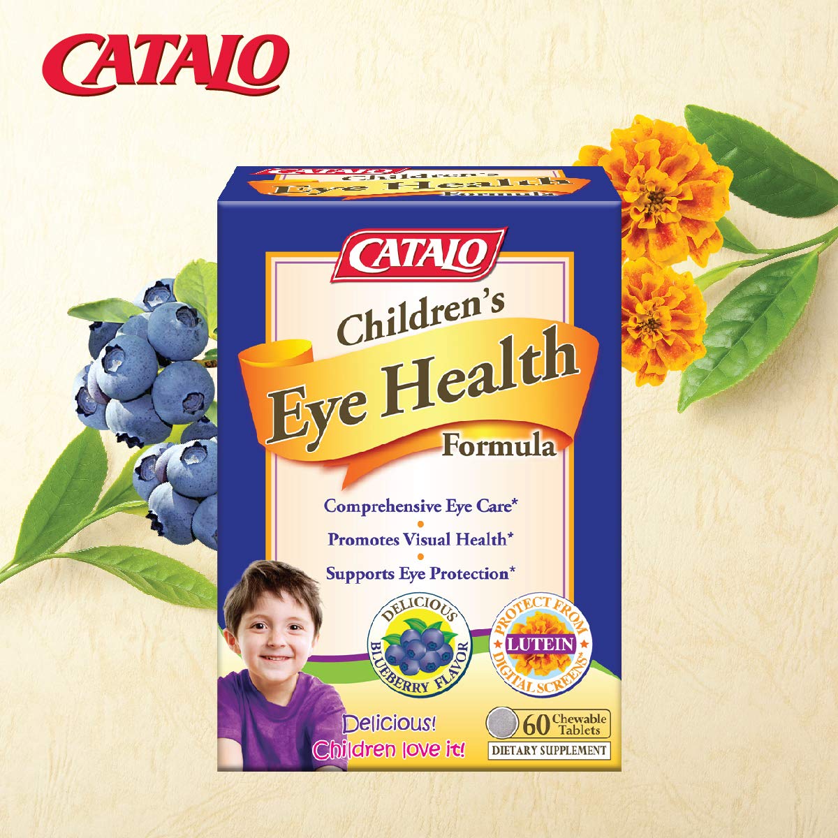 CATALO Children's Eye Health Formula Chewable Tablets with Mirtoselect Bilberry Extract, FloraGLO Marigold Extract, Eyebright, Taurine, and Zinc for Eye Care, 60 Tablets