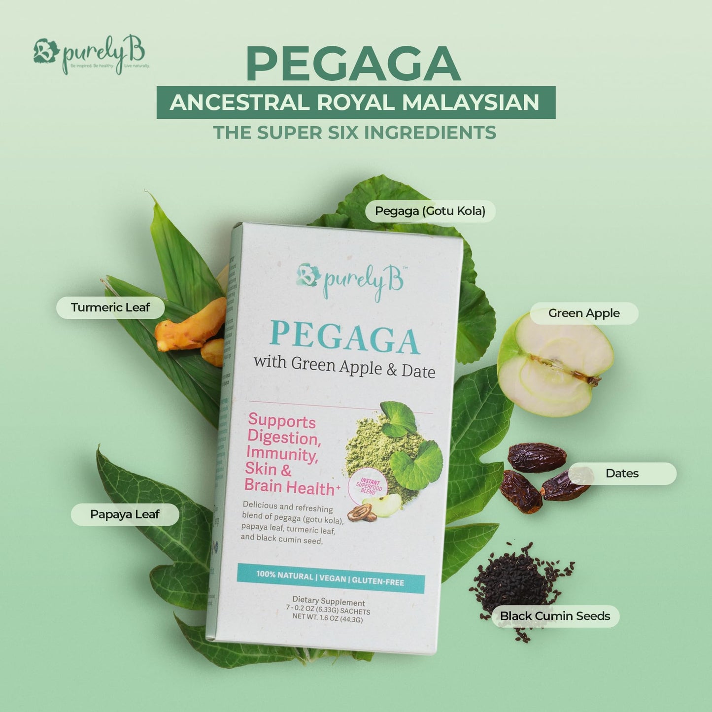 PurelyB Pegaga (Gotu Kola) Herbal Superfood Blend Green Apples & Dates Powder, 60 Servings