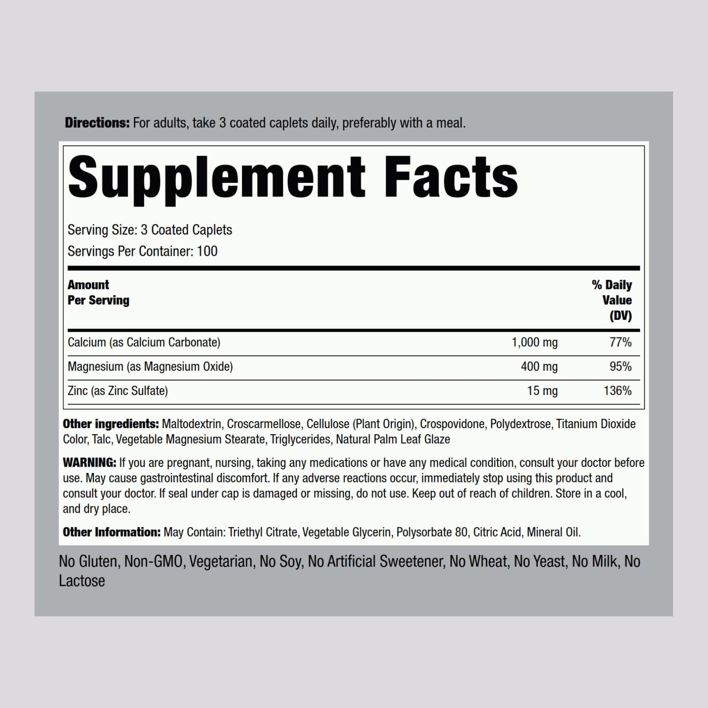 Piping Rock Calcium Magnesium Zinc Supplement Caplets 300