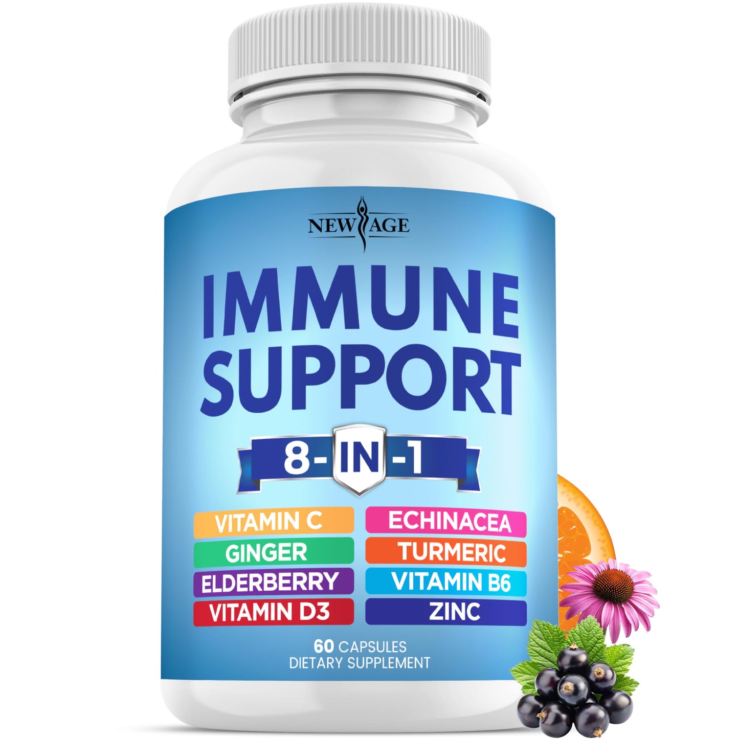 NEW AGE 8 in 1 Immune Support Booster Capsules with Echinacea, Vitamin C & Zinc 50mg, Vitamin D 5000 IU, Turmeric Curcumin & Ginger, B6, Elderberry, 60 Capsules