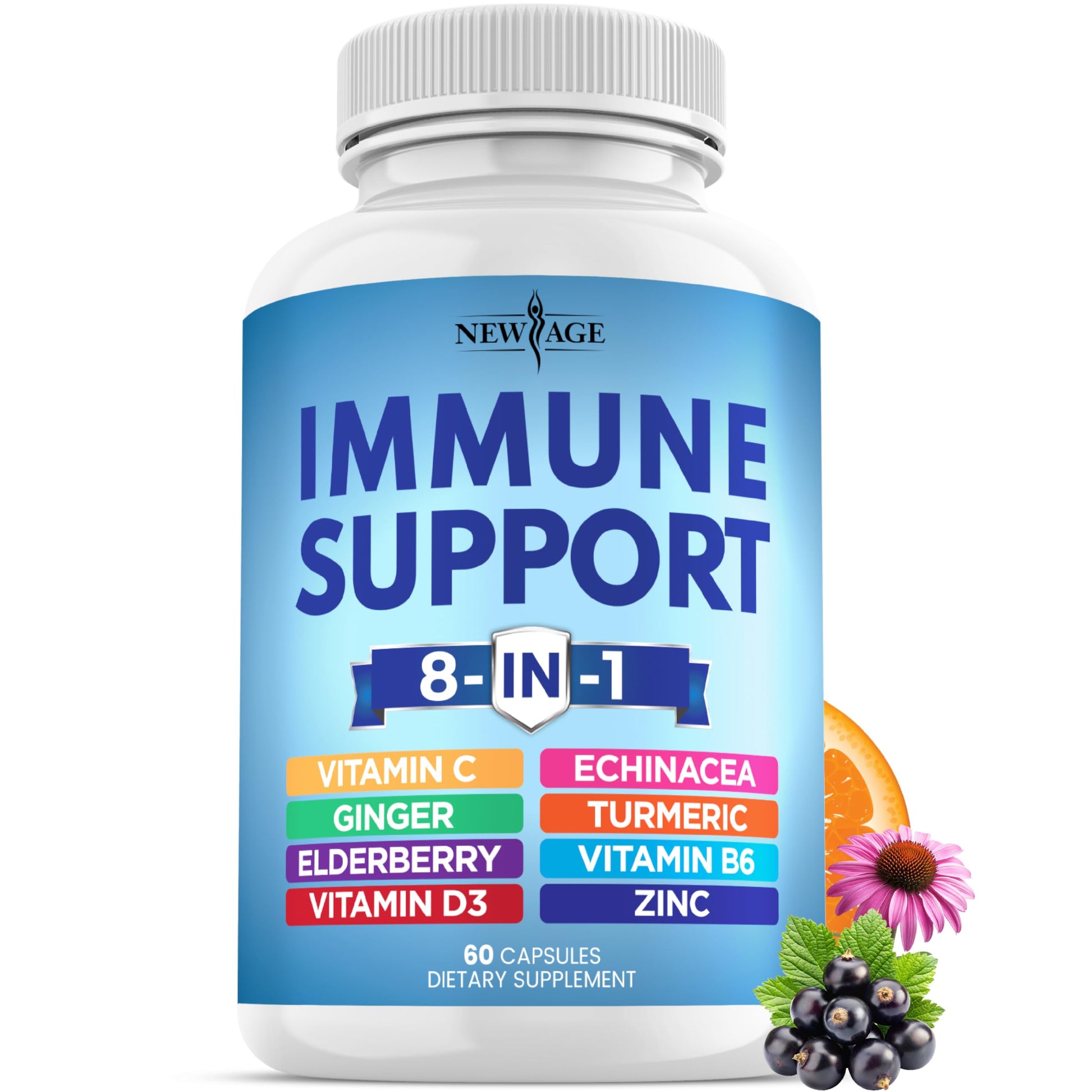NEW AGE 8 in 1 Immune Support Booster Capsules with Echinacea, Vitamin C & Zinc 50mg, Vitamin D 5000 IU, Turmeric Curcumin & Ginger, B6, Elderberry, 60 Capsules