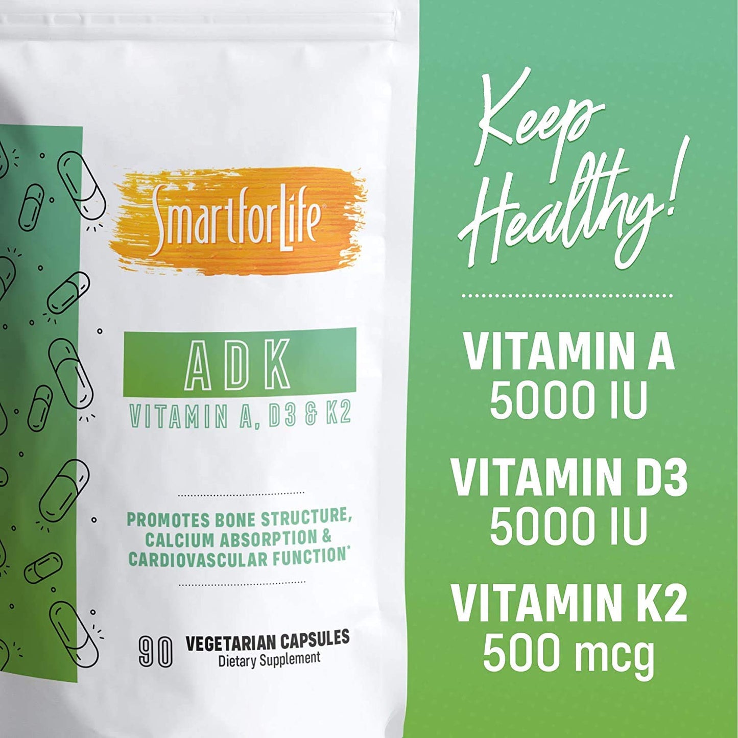 Smart for Life ADK Vitamins Vitamin D3, K2 and A Capsule, 90 Count