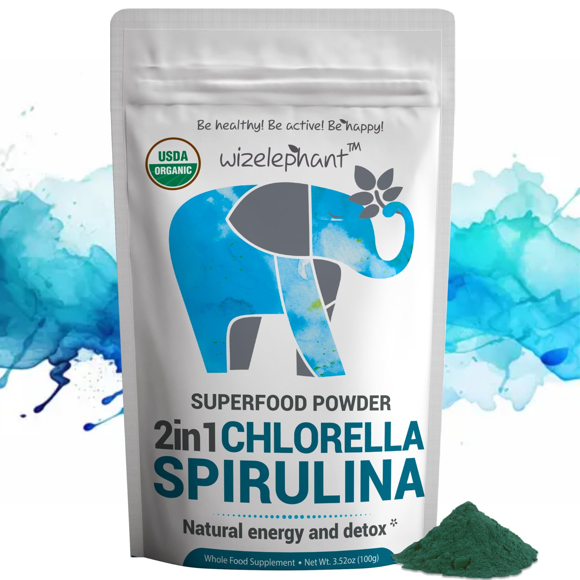 Wizelephant Chlorella Spirulina Powder Organic 3.52 oz