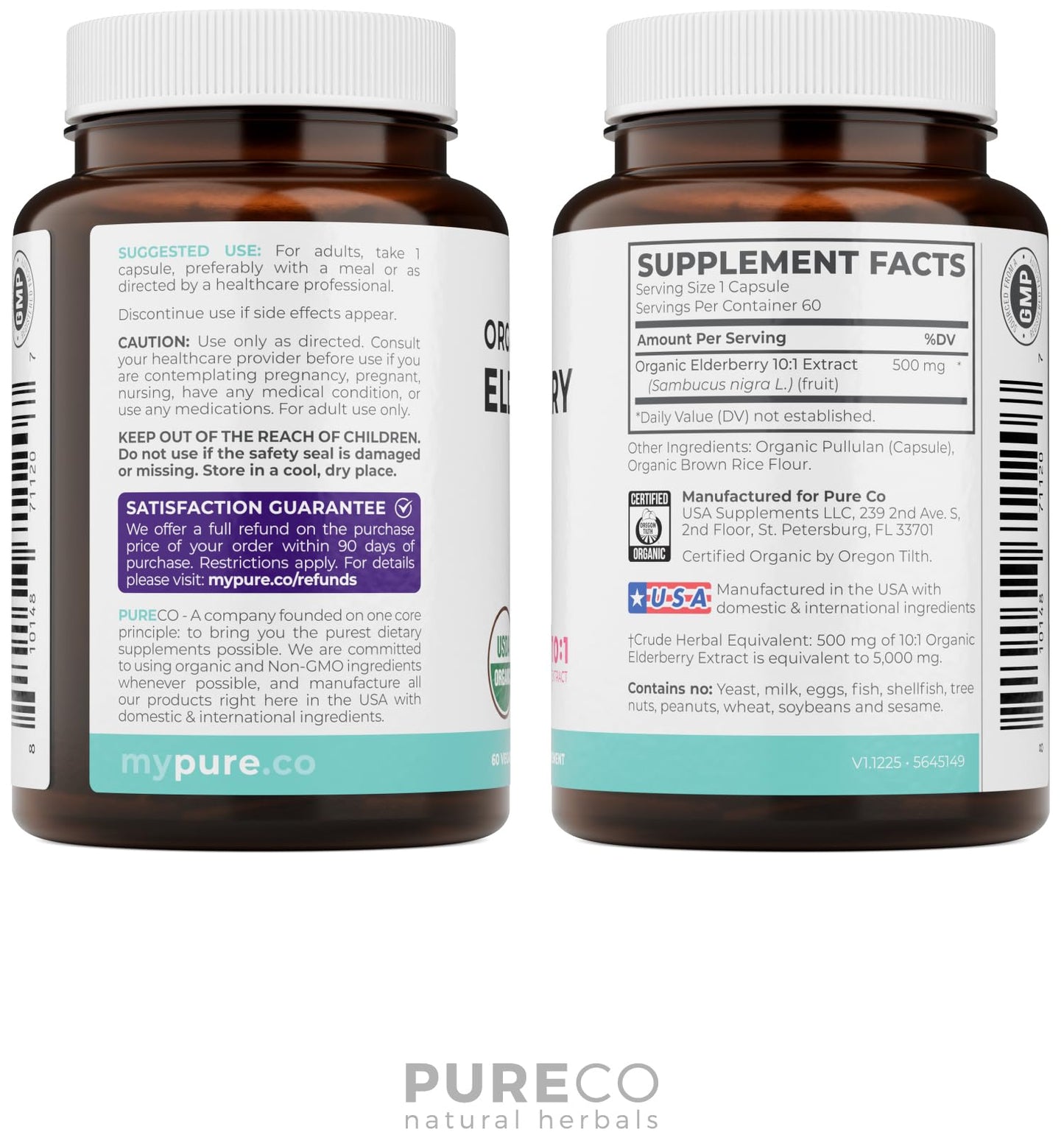 PURE CO Organic Elderberry 10:1 Extract 500mg per Capsule, 60 Capsules