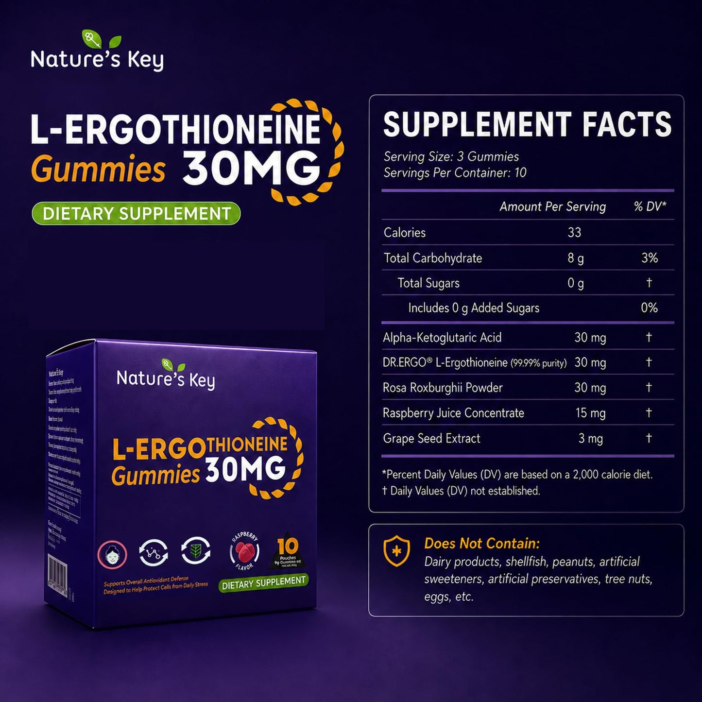Nature's Key Ergothioneine Gummies, 10 Pouches
