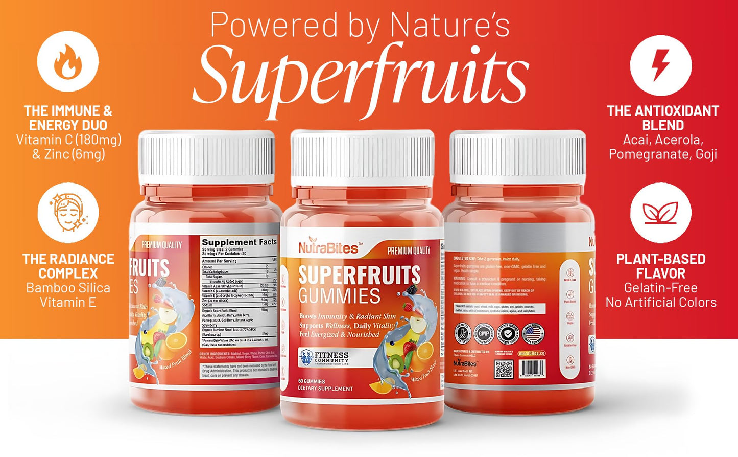 NutraBites Superfruit Gummies with Antioxidants, Vitamin C & Zinc - Immune Support & Radiant Skin - All-Natural Energy - Vegan, Non-GMO & Gluten-Free - Delicious Berry Flavor, 60 Gummies