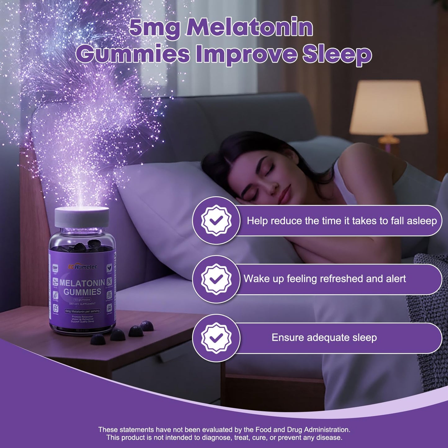EC Hometec Melatonin Gummies 5mg Sugar-Free Sleep Support for Adults Mulberry Flavor, 60 Count