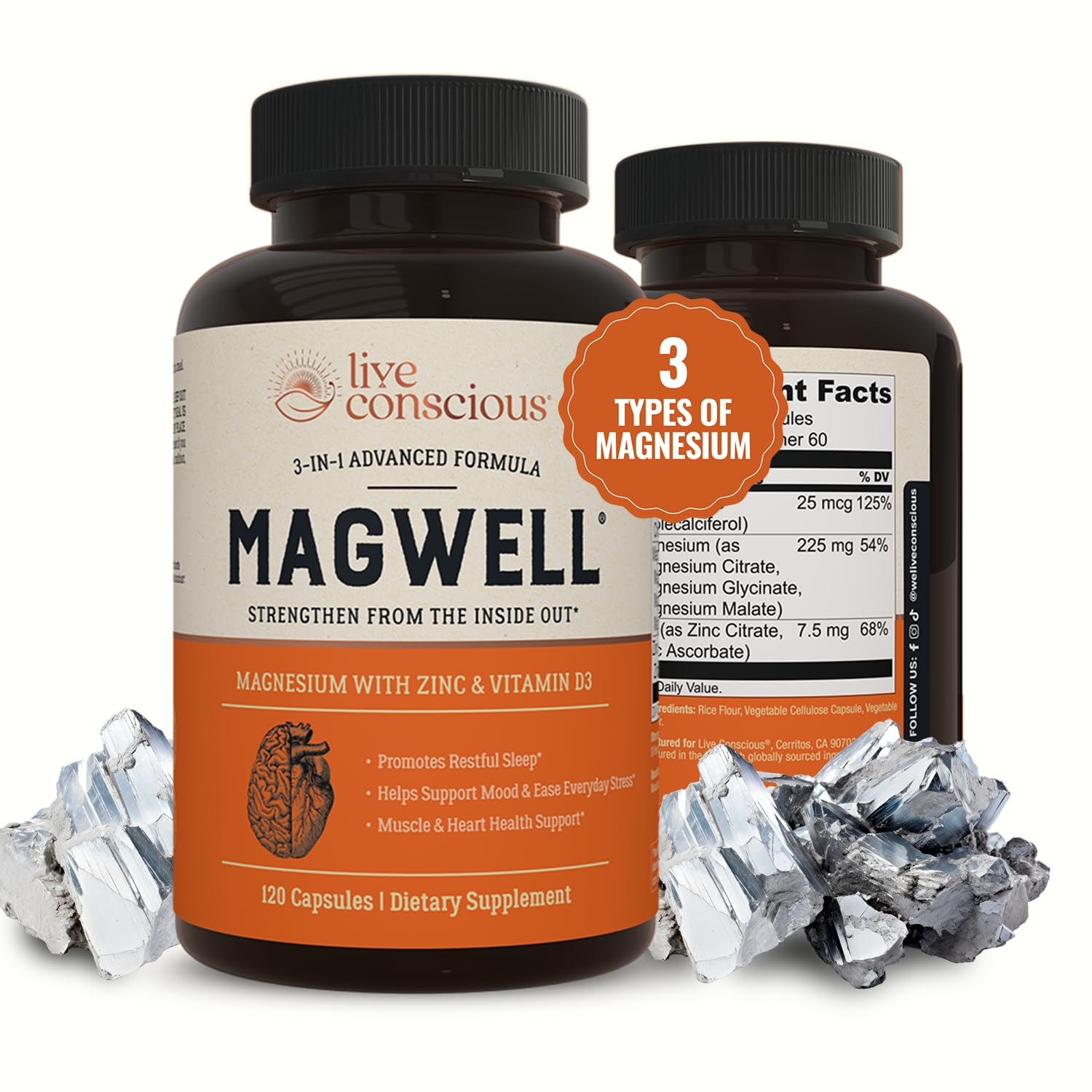 Live Conscious Magwell Magnesium Zinc & Vitamin D3 Capsules 120 Count
