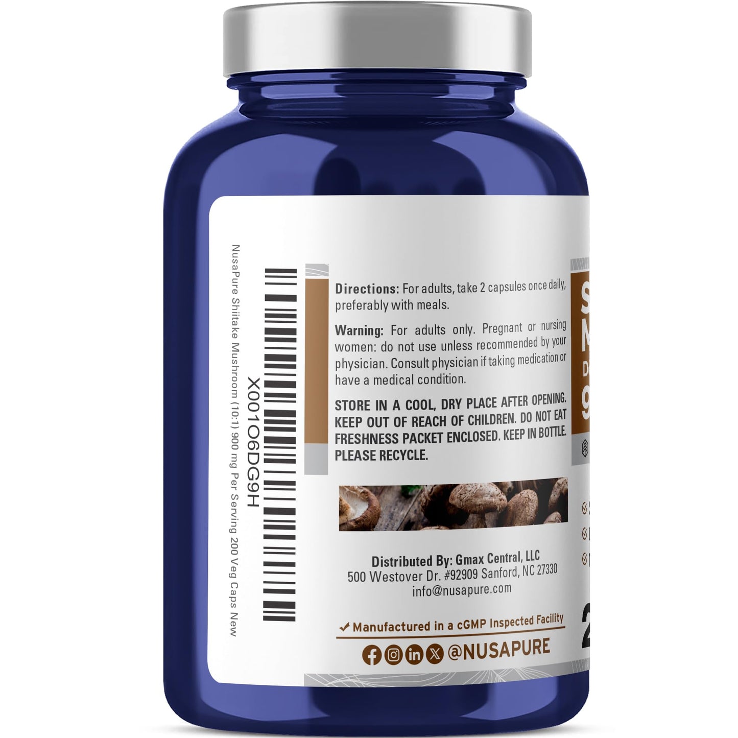 NusaPure Shiitake Mushroom 900 mg Veggie Capsules, 200 Count