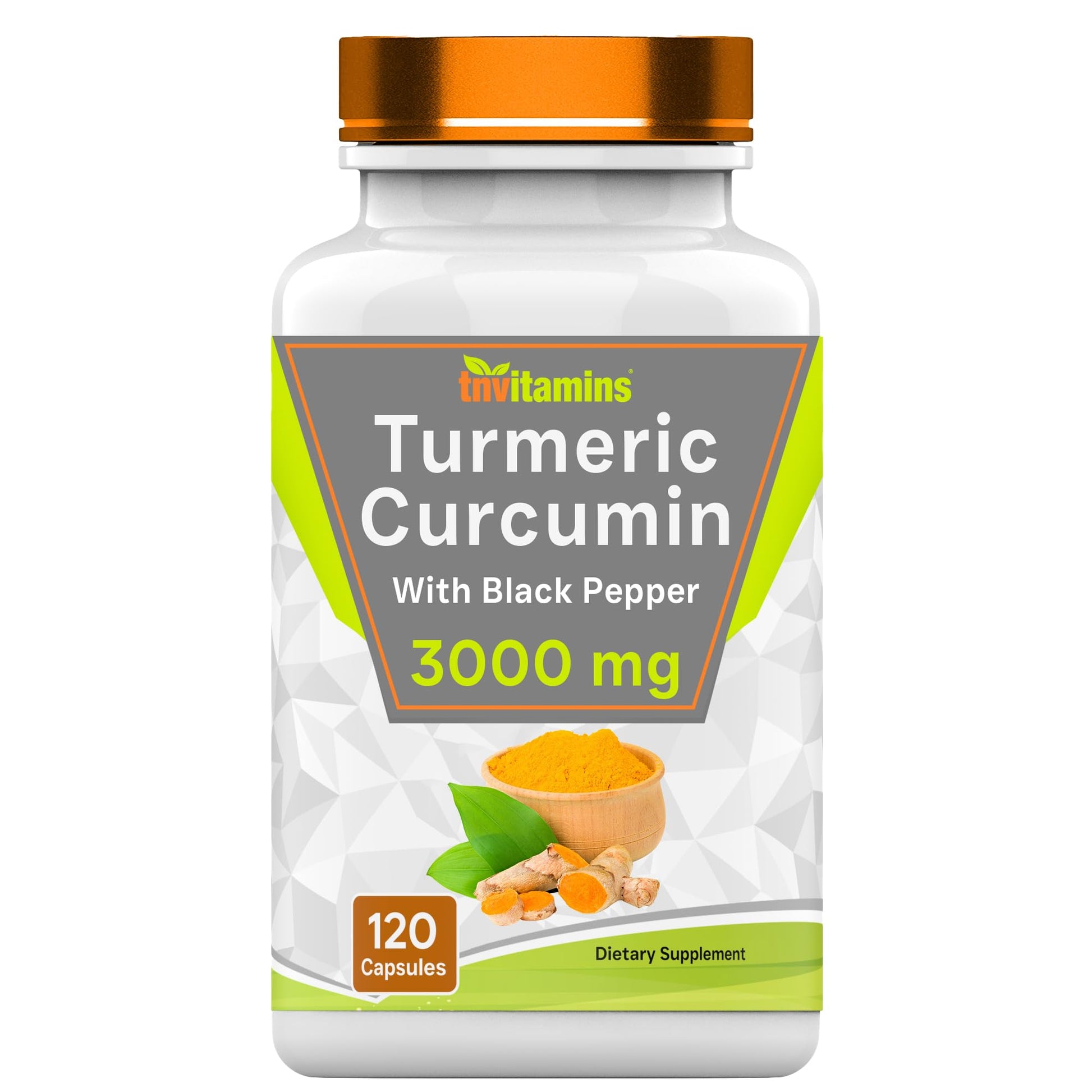 tnvitamins Turmeric Curcumin Capsules with Black Pepper 3000 mg, Non-GMO, 120 Capsules