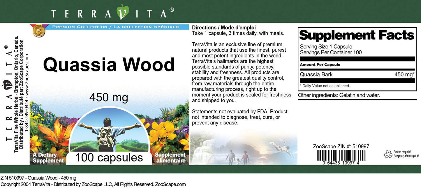 Terravita Quassia Wood 450 mg Capsules, 100 Count