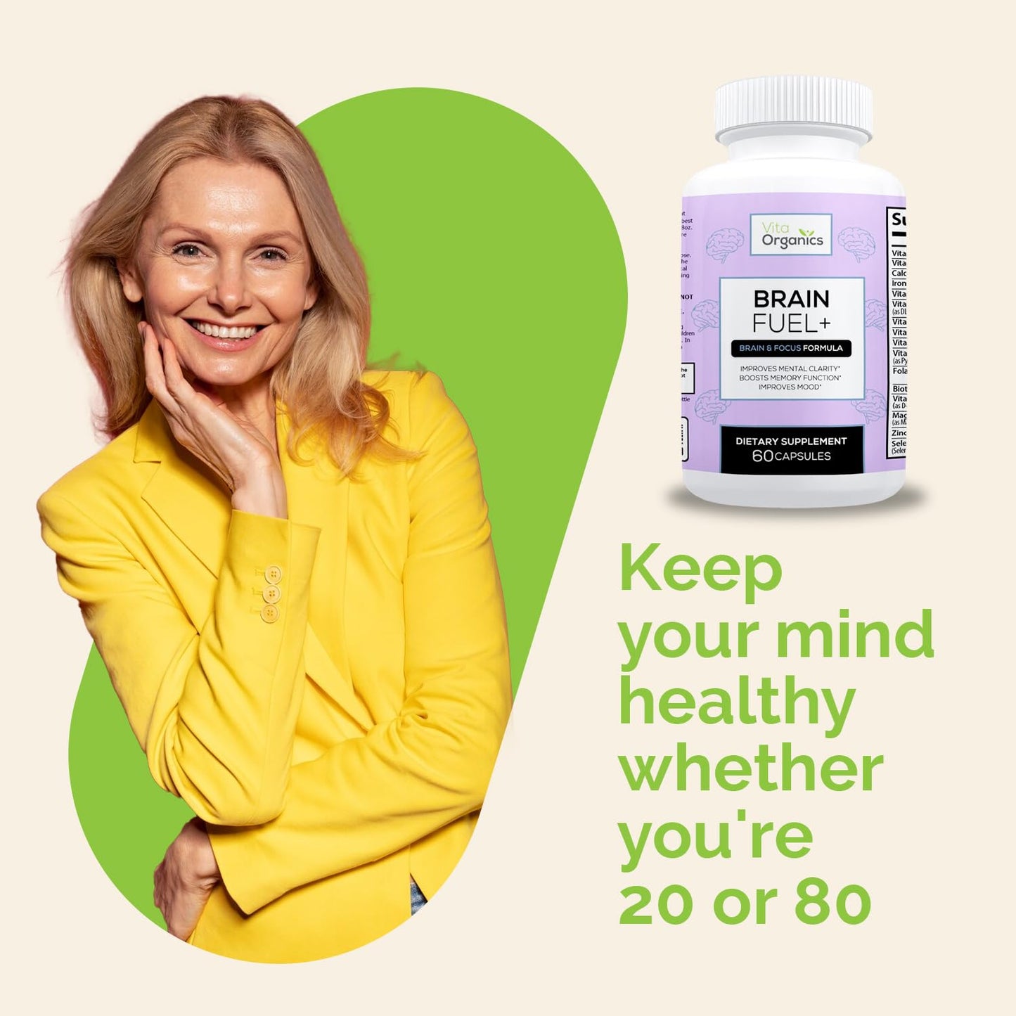 Vita Organics Brain Fuel+ DMAE Blend Memory Supplement for Focus, Mood, Mental Energy for Busy Men & Women Capsules 60