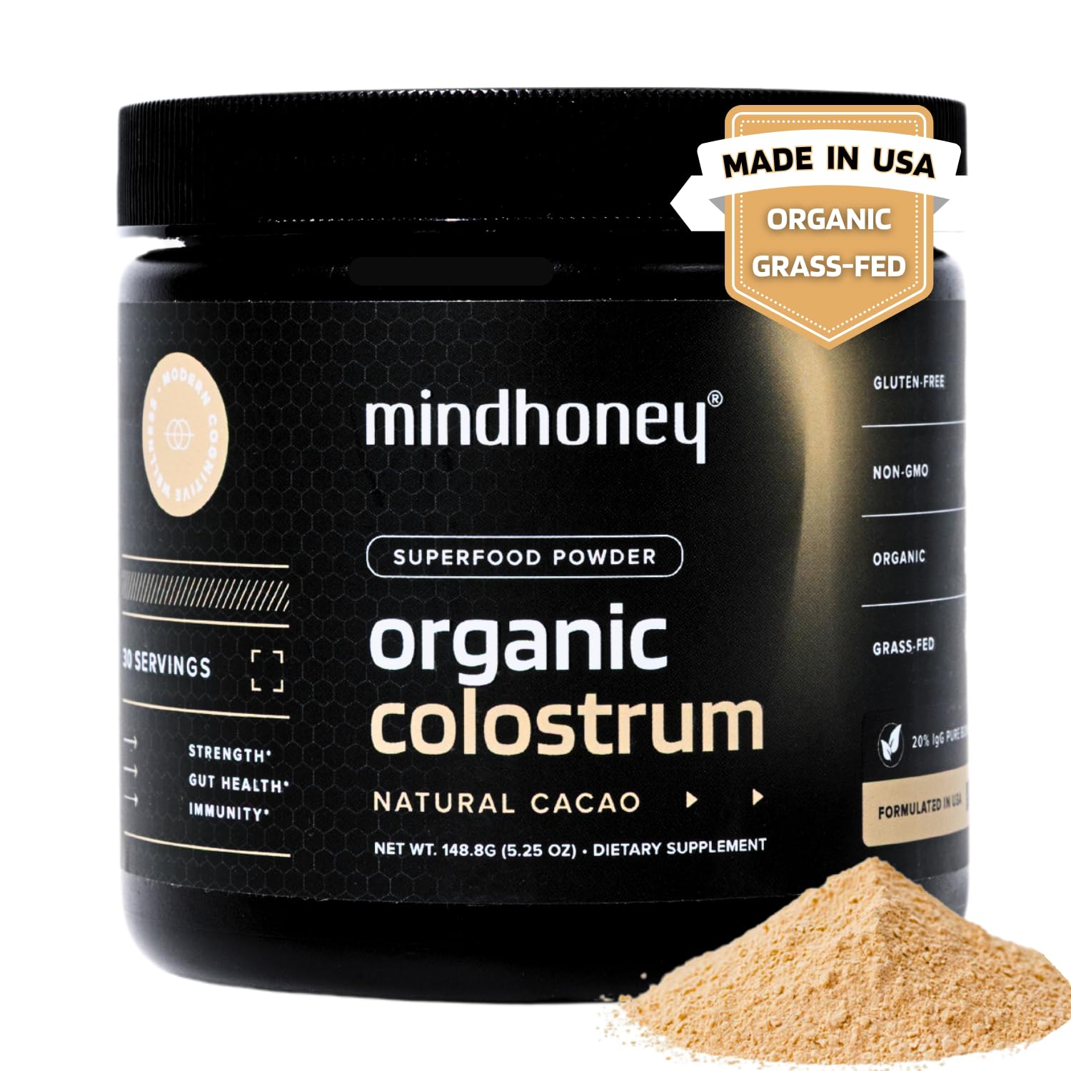 MINDHONEY Organic Colostrum Premium Cacao Flavored Powder, 5.25 oz