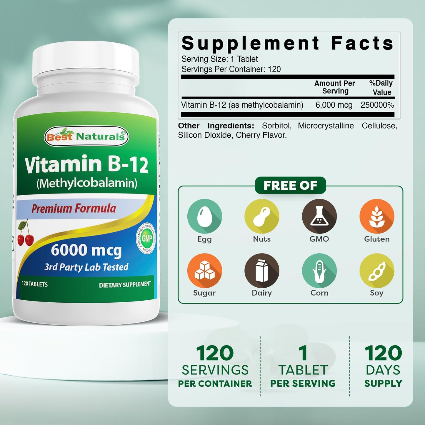 Best Naturals Vitamin B-12 as Methylcobalamin (Methyl B12) 6000 mcg, 360 Tablets