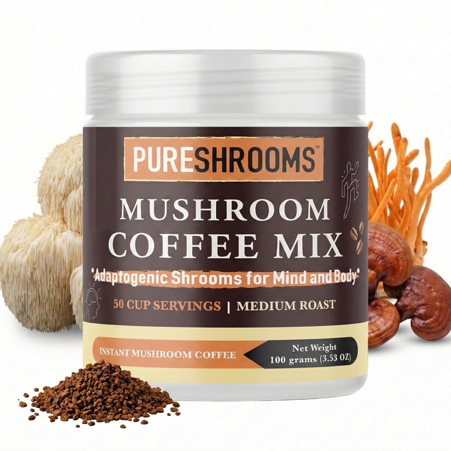 PureShrooms Instant Mushroom Coffee with Organic Lion’s Mane, Reishi & Cordyceps Powder, 3.53 oz