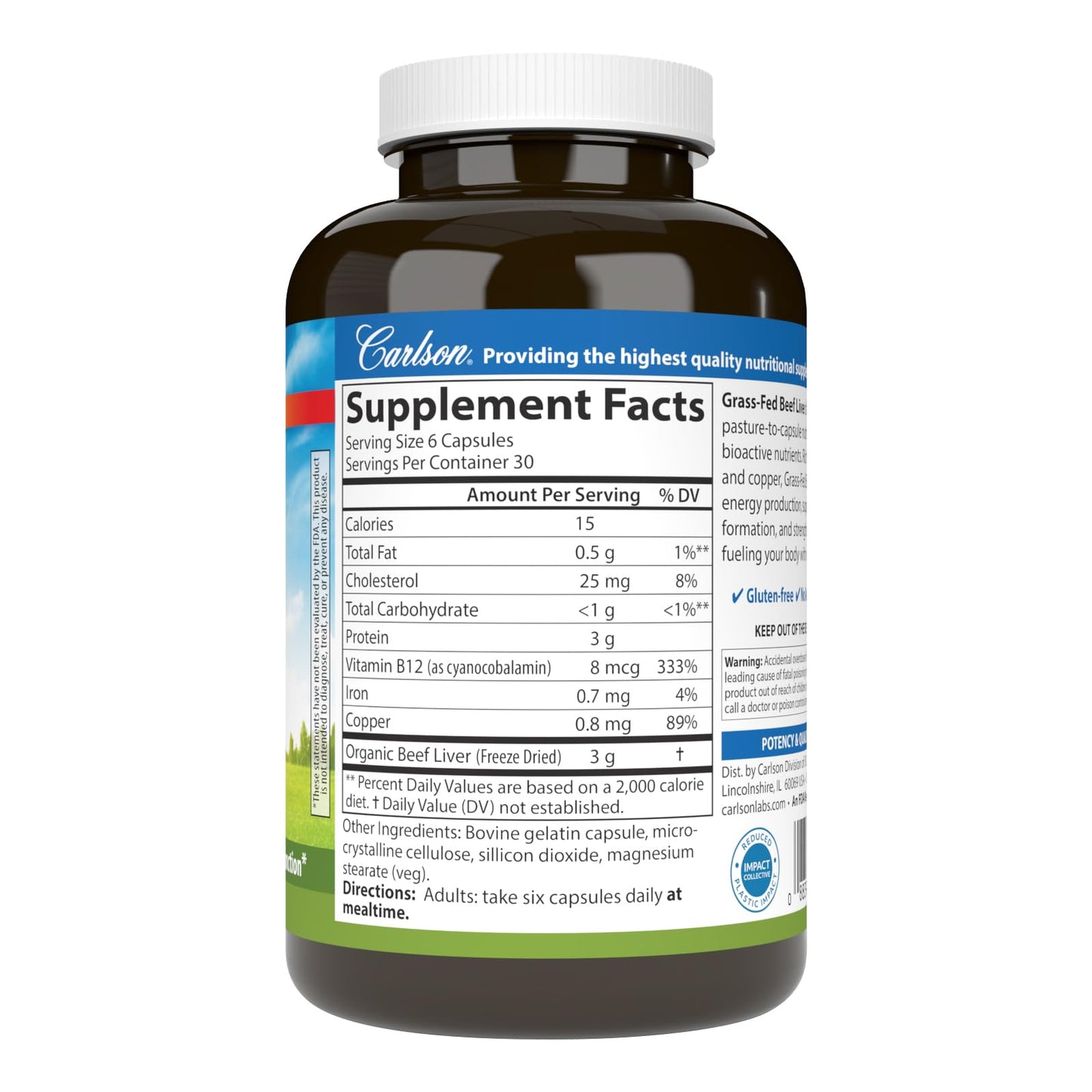 Carlson Grass-Fed Beef Liver with Iron & Copper, Supports Blood Health & Energy, Red Blood Cell Production, 180 Capsules