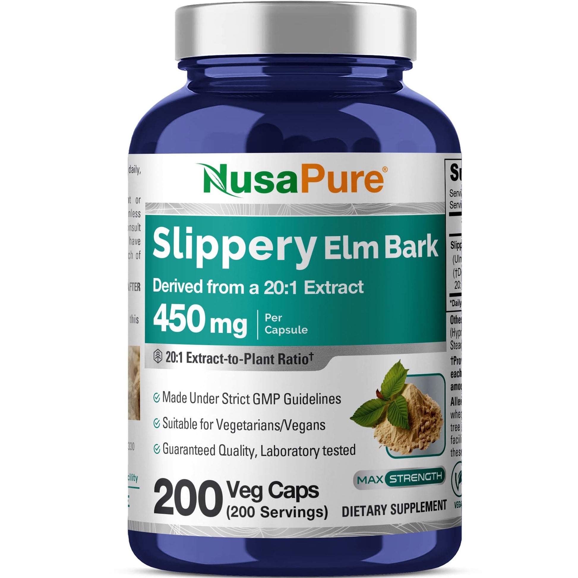 NusaPure Slippery Elm Bark Capsules, 450 mg, 200 Veg Capsules