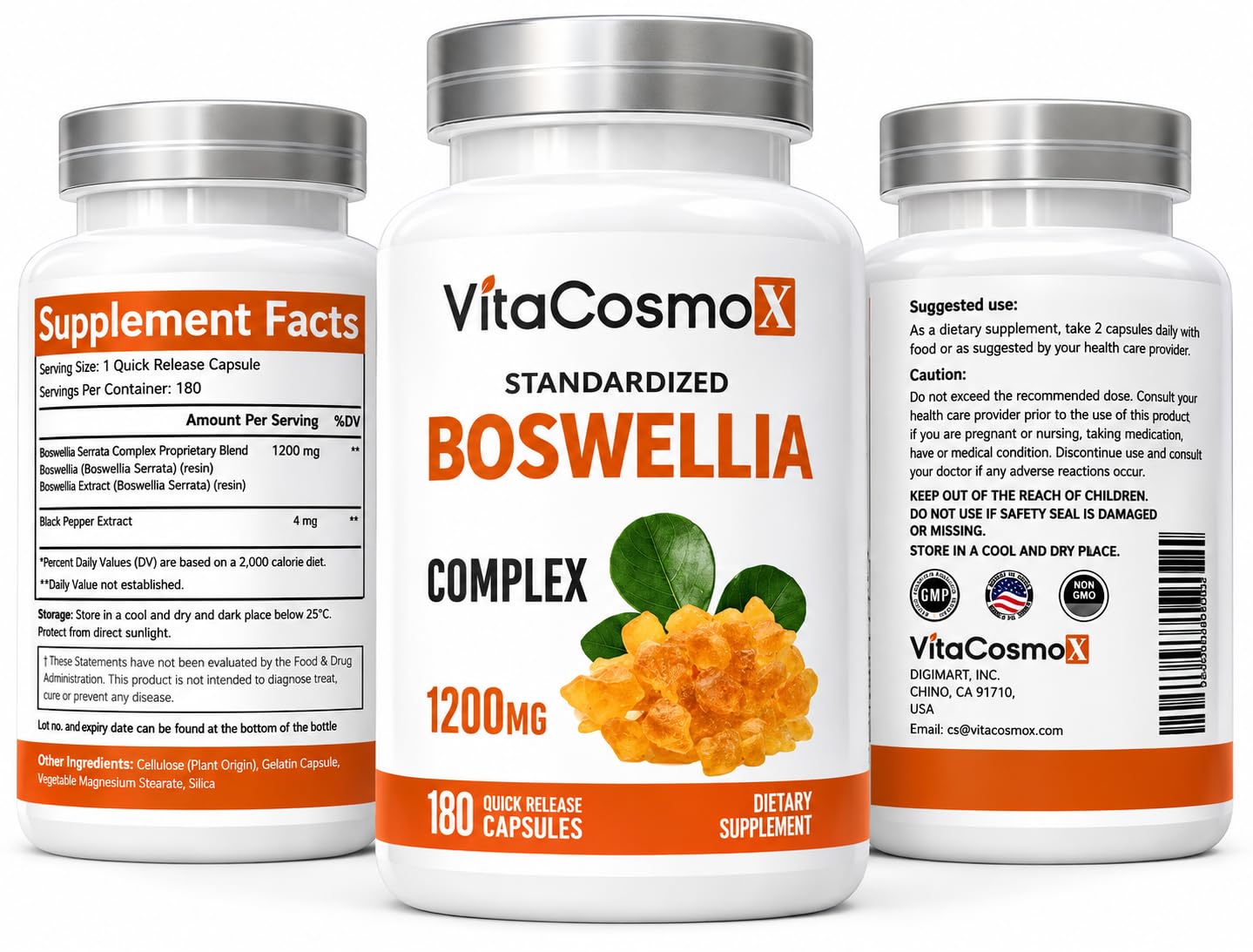 VitaCosmoX Boswellia Serrata Complex 1200 mg Capsules, 180 Vegetarian Capsules