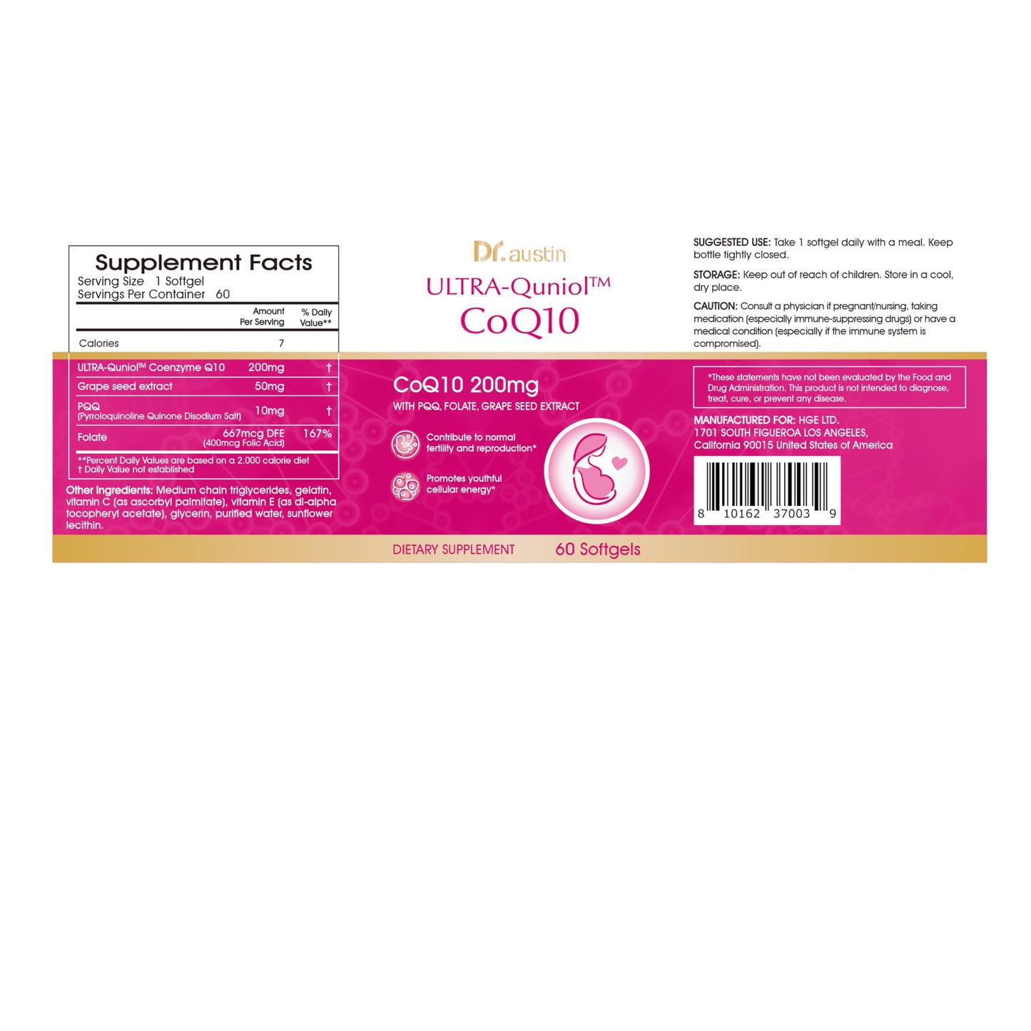 DR.AUSTIN Coenzyme Q10 Preparation for Pregnancy Reduction 200mg Mitochondrial PQQ Folic Acid Capsules, 120 Capsules