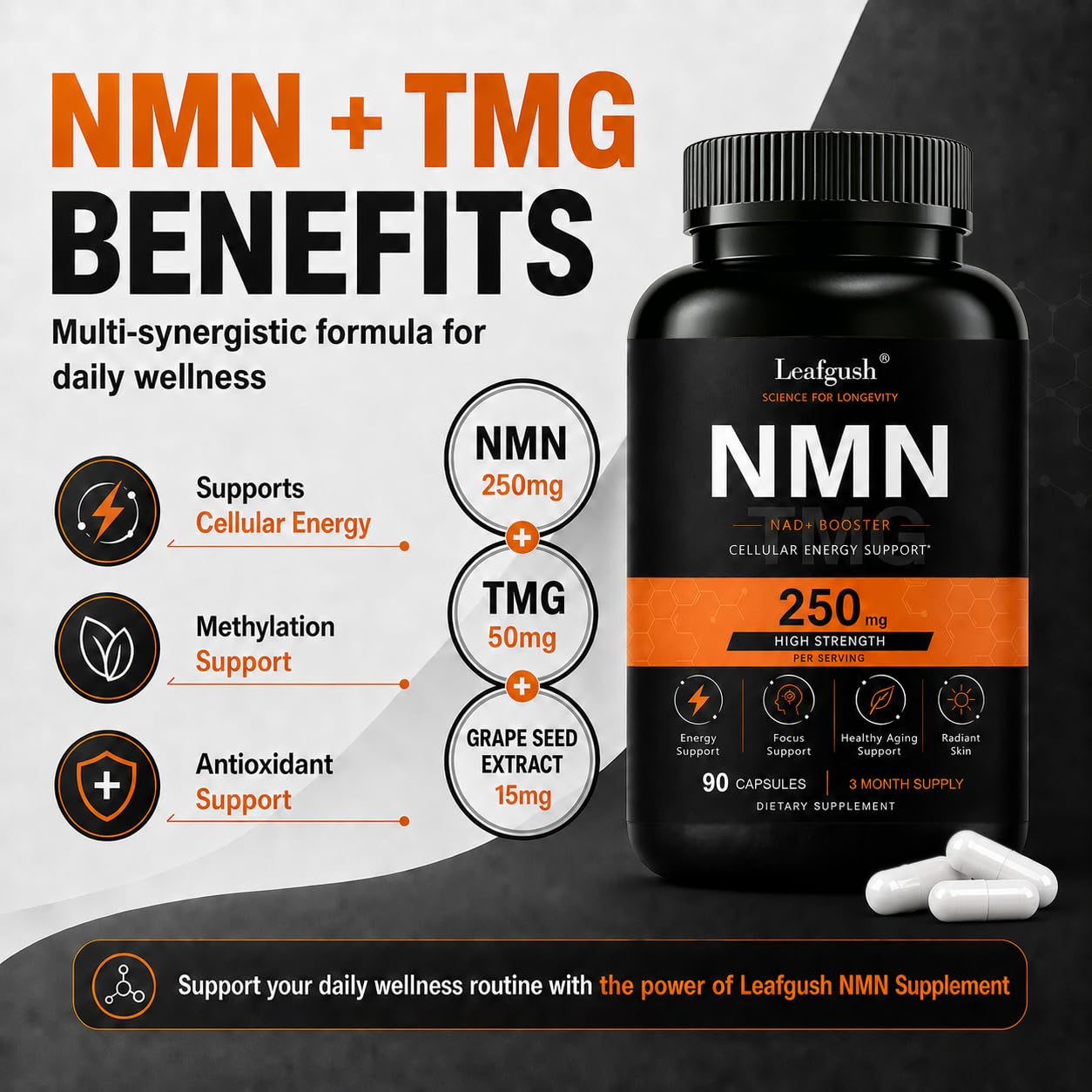 Leafgush NMN Supplement 250mg, NAD+ Precursor with TMG 50mg & Grape Seed Extract 15mg, Advanced 3-in-1 Daily Formula Capsule 90 Count