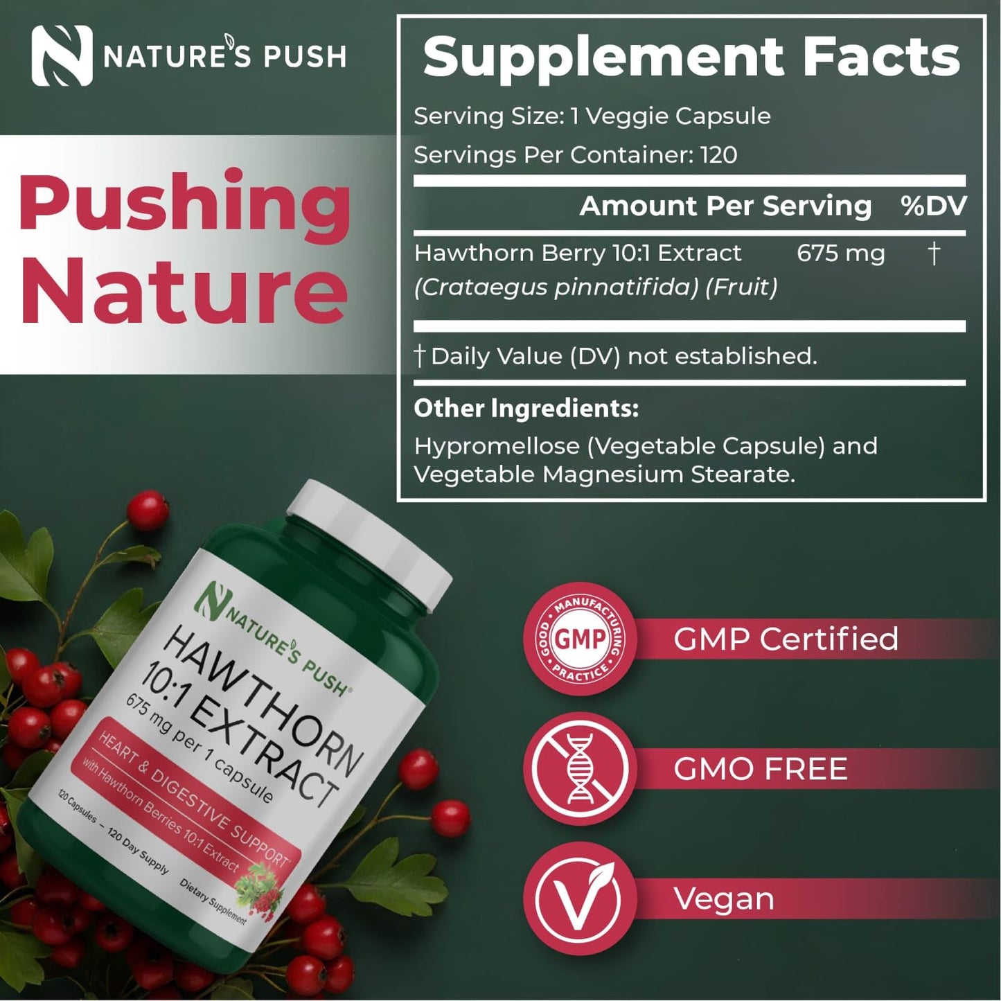 Nature's Push Hawthorn Berry 10:1 Extract 675mg Capsules, 60 Count
