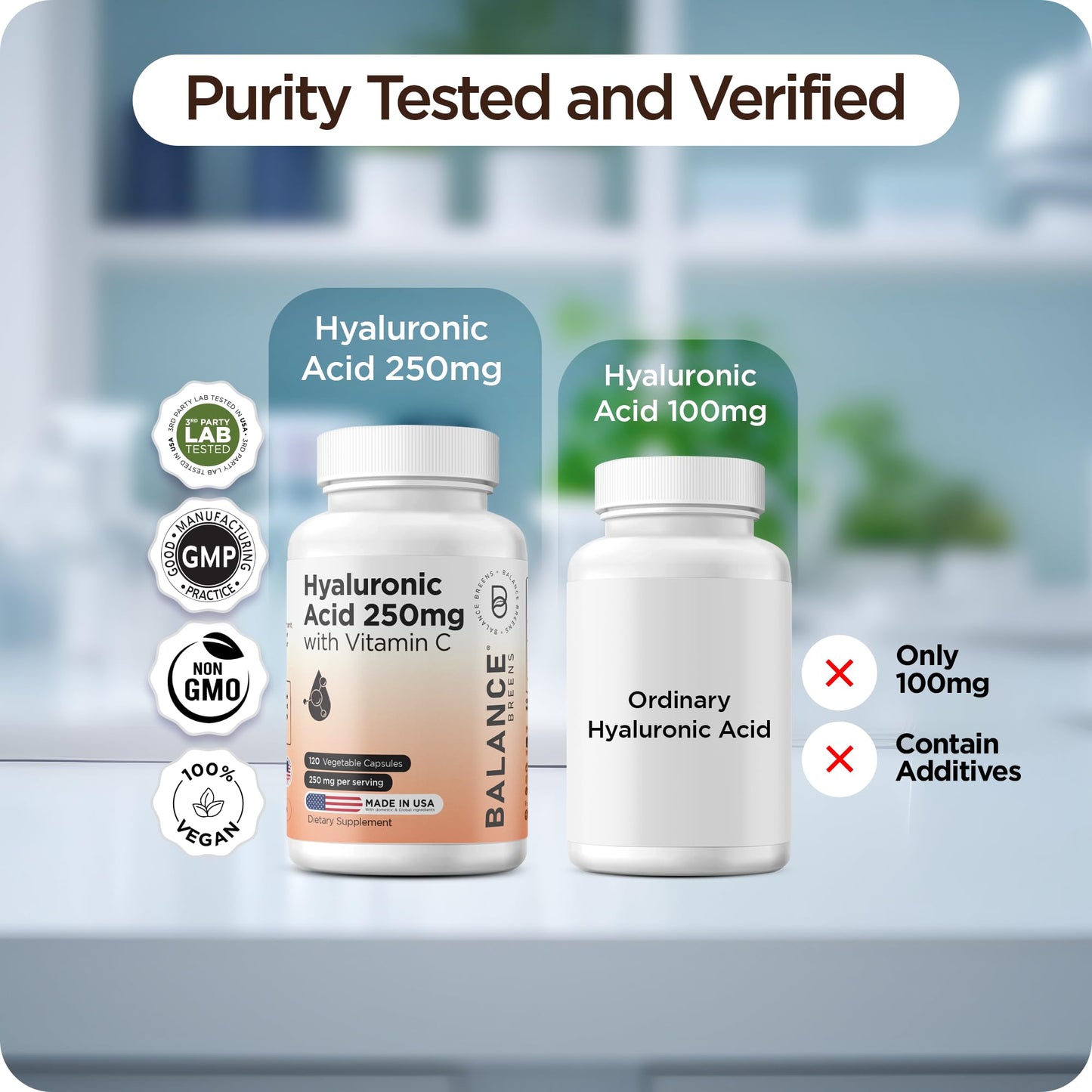 Balancebreens Pure Hyaluronic Acid Supplement 250mg with Vitamin C 50mg Capsules, 120 Capsules