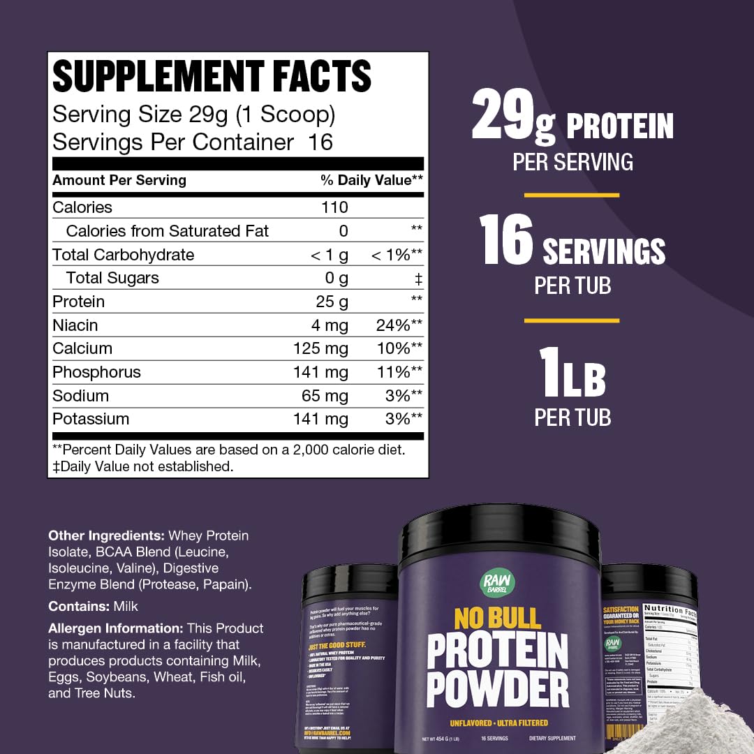Raw Barrel No Bull Unflavored Whey Protein Powder 16 oz