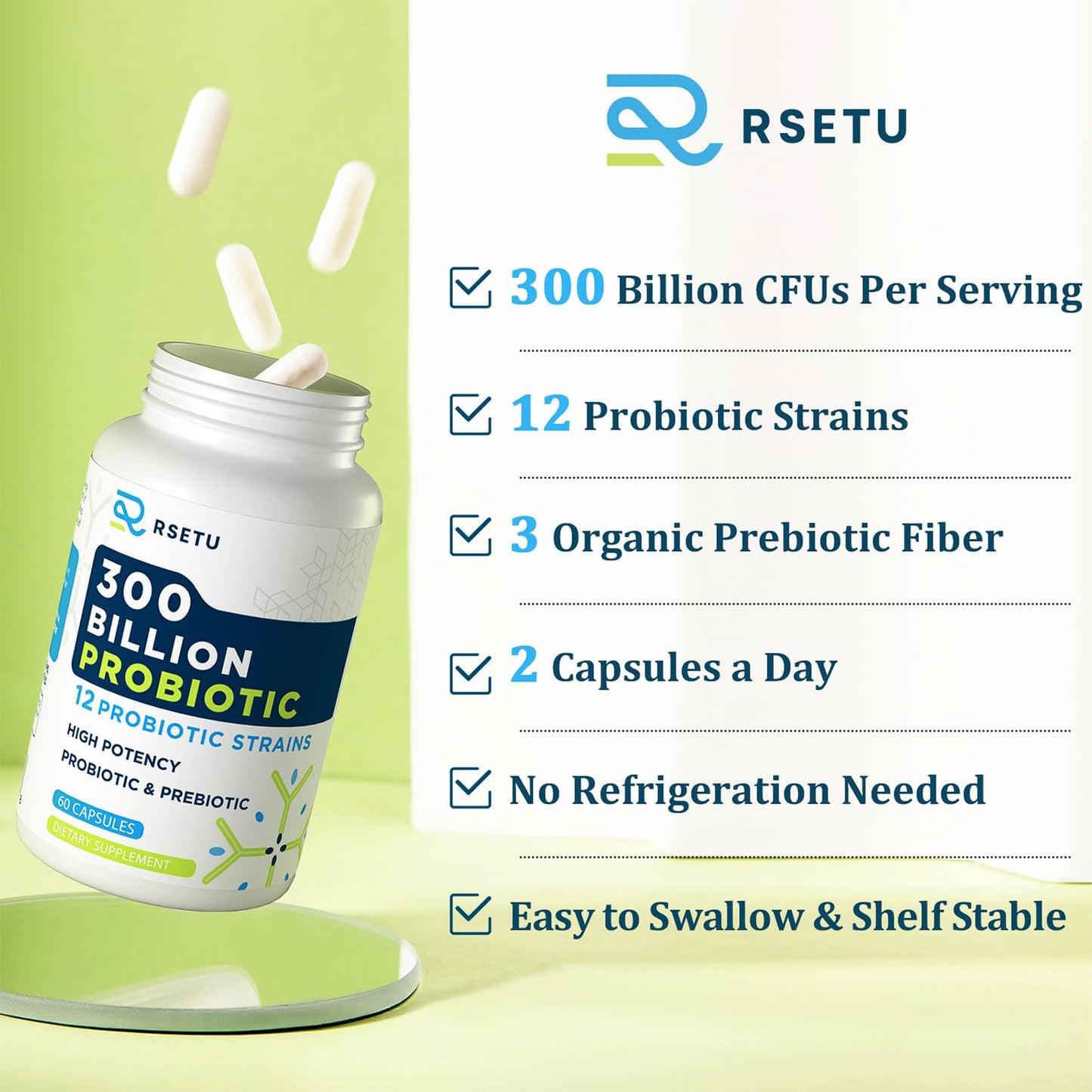 RSETU Probiotics for Women and Men Capsule, 60 Capsules, 300 Billion CFU High Potency + 12 Strains with Prebiotics