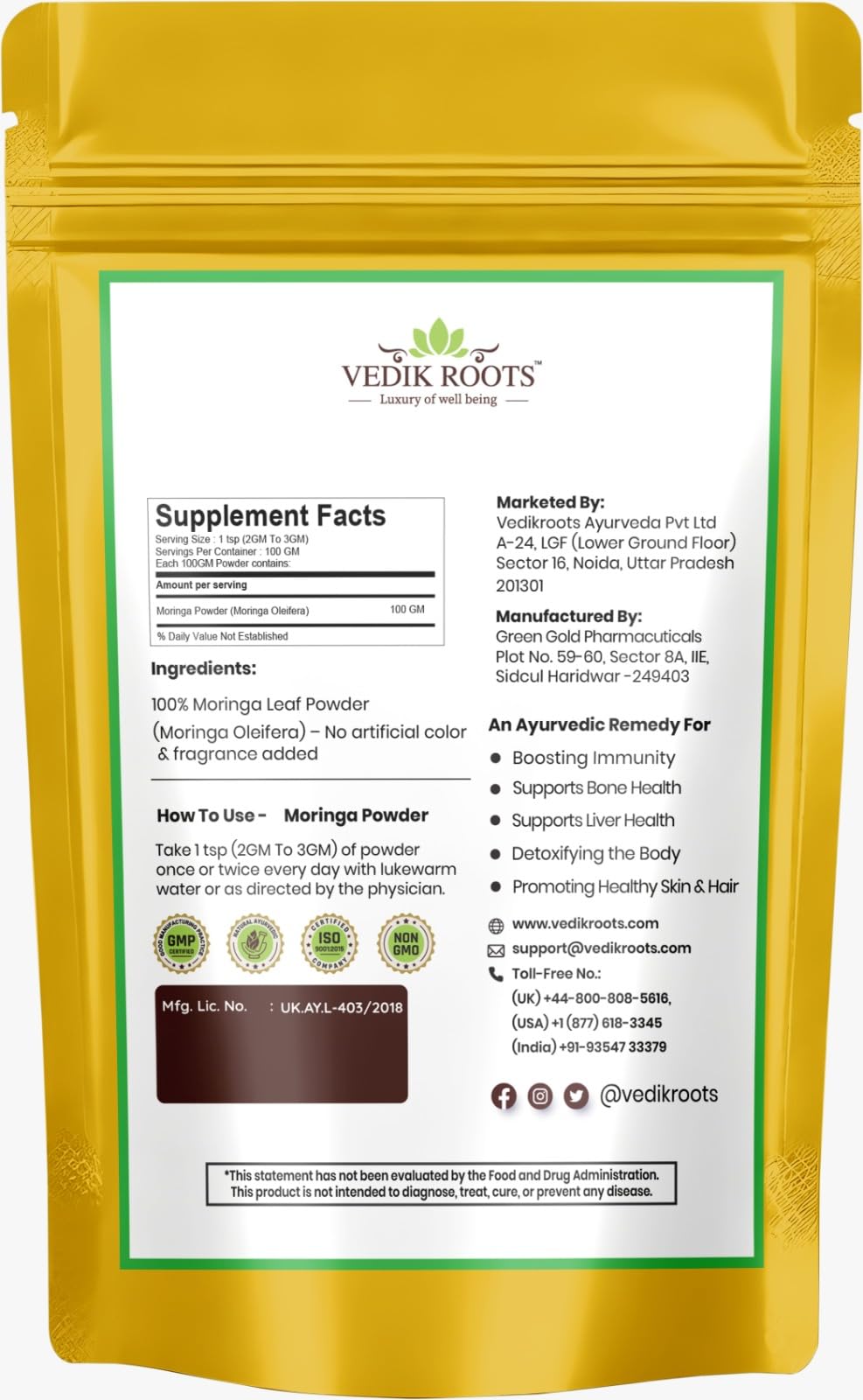 VEDIKROOTS Moringa Leaf Powder 3.53 oz