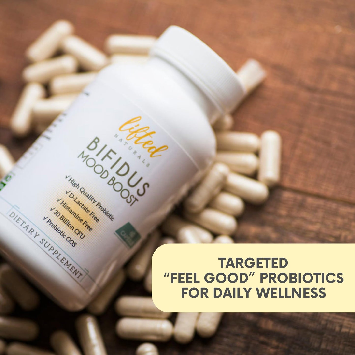 Lifted Naturals Probiotics 30 Billion CFU Bifidus Mood Support Capsules, 60 Count