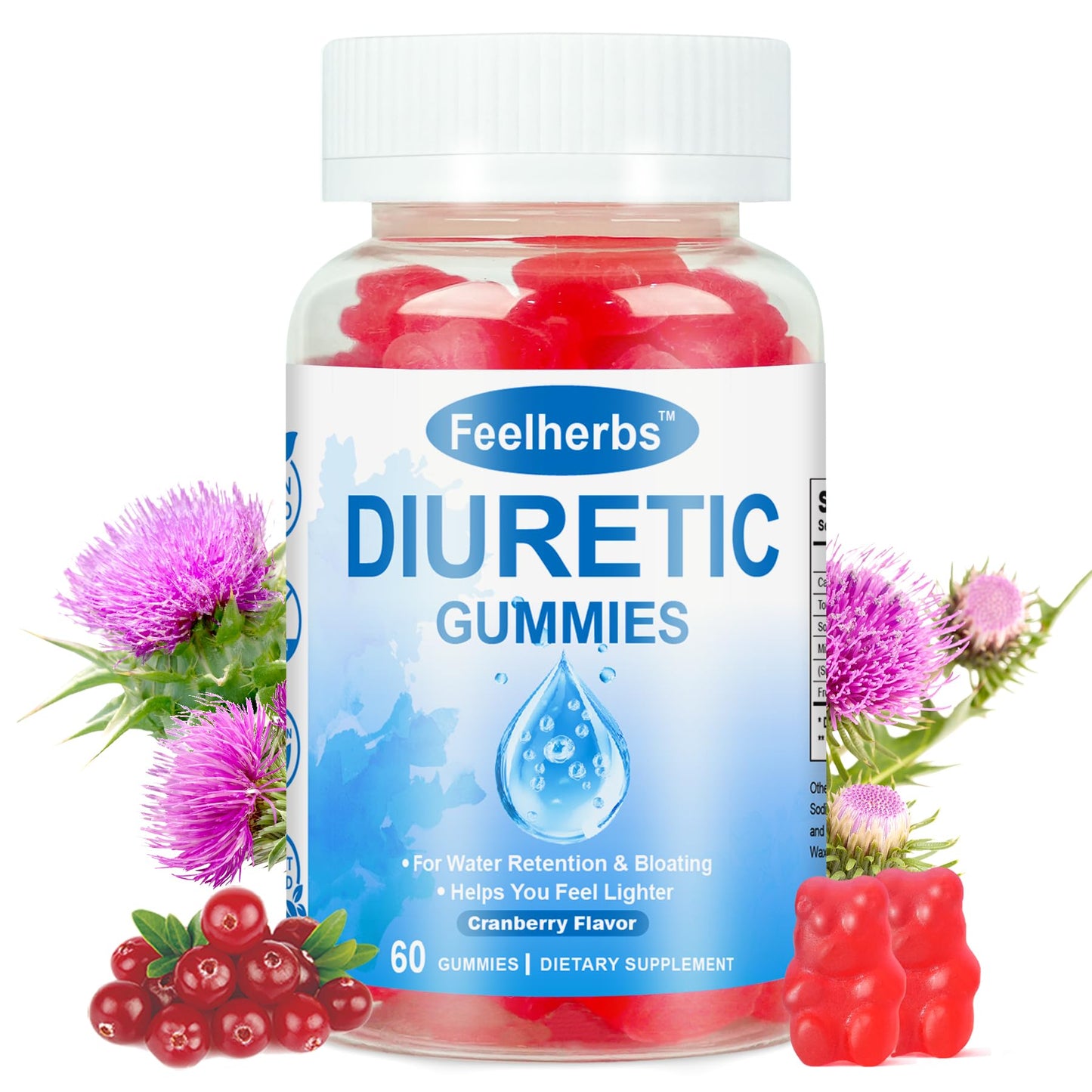 Feelherbs Natural Diuretic Gummies, Water Retention & Hydration Balance, Sugar Free, 60 Gummies