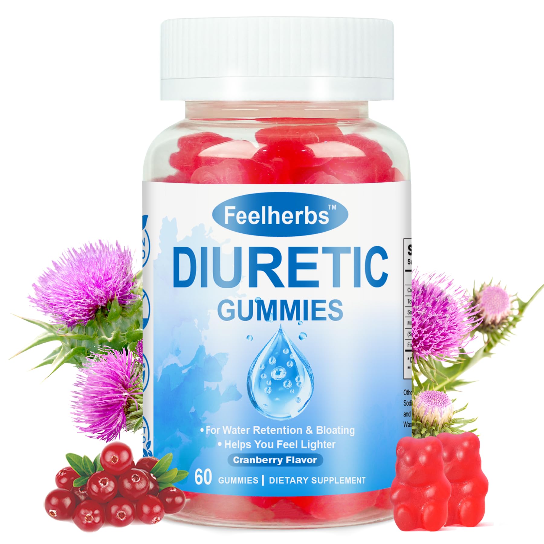 Feelherbs Natural Diuretic Gummies, Water Retention & Hydration Balance, Sugar Free, 60 Gummies