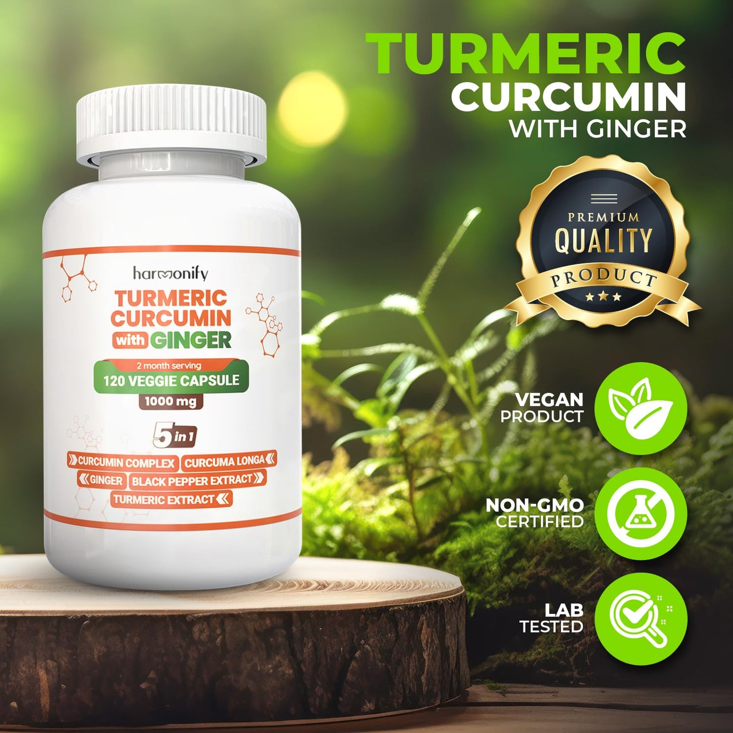 HARMONIFY Turmeric Curcumin Supplement with Ginger, Ceylon Cinnamon and Black Pepper Complex 5 in 1 Formula, Curcuma Longa, Max Absorption, 1000 mg, 120 Capsules