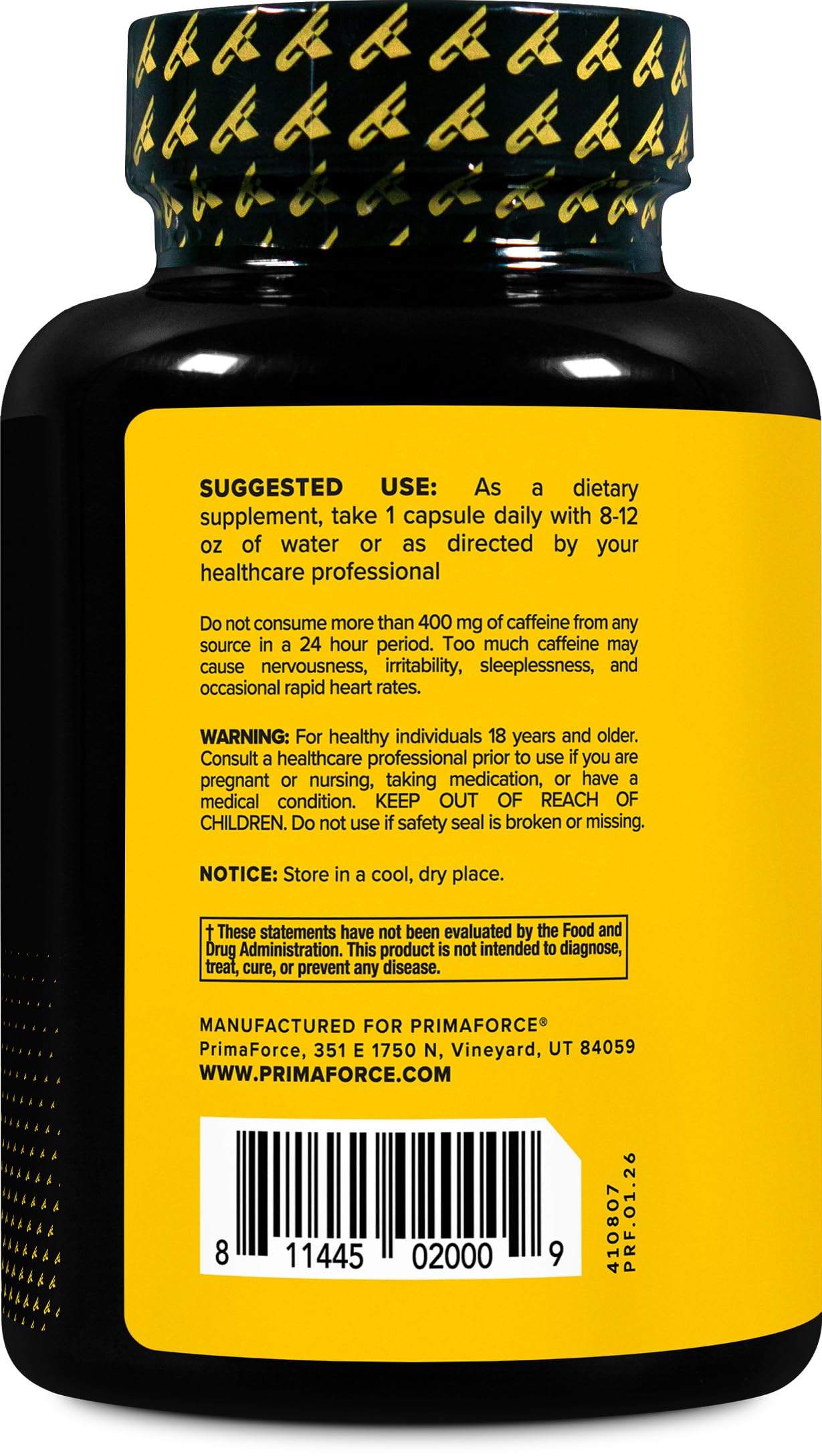 Primaforce Caffeine with L-Theanine 100mg Per Capsule, 180 Capsules