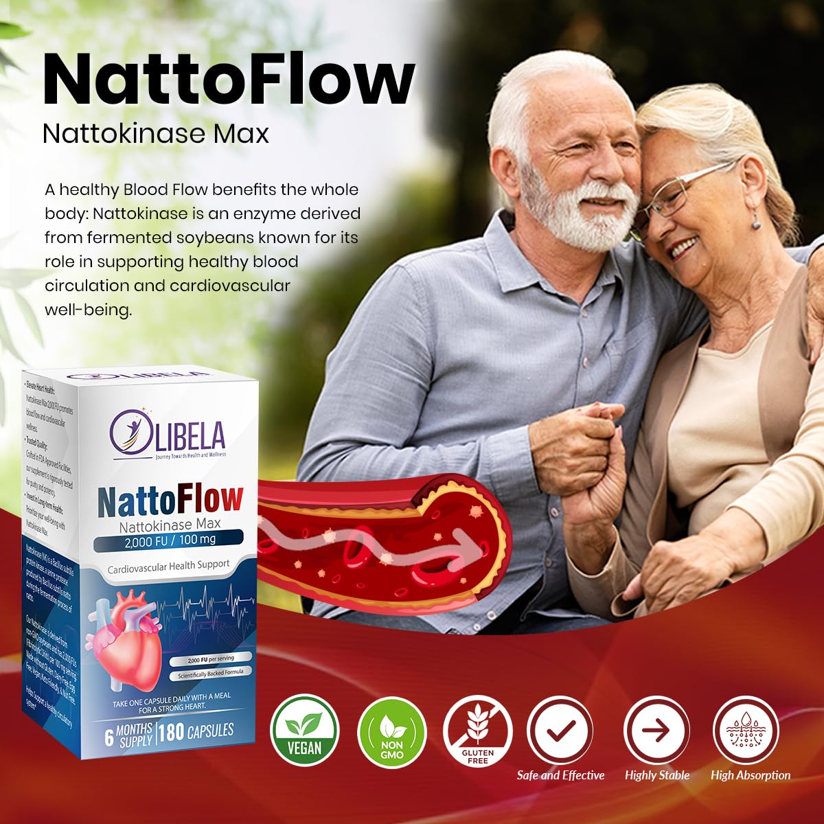 OLIBELA Nattokinase 4000 FU Capsules, 180 Capsules, Non-GMO, Vegan