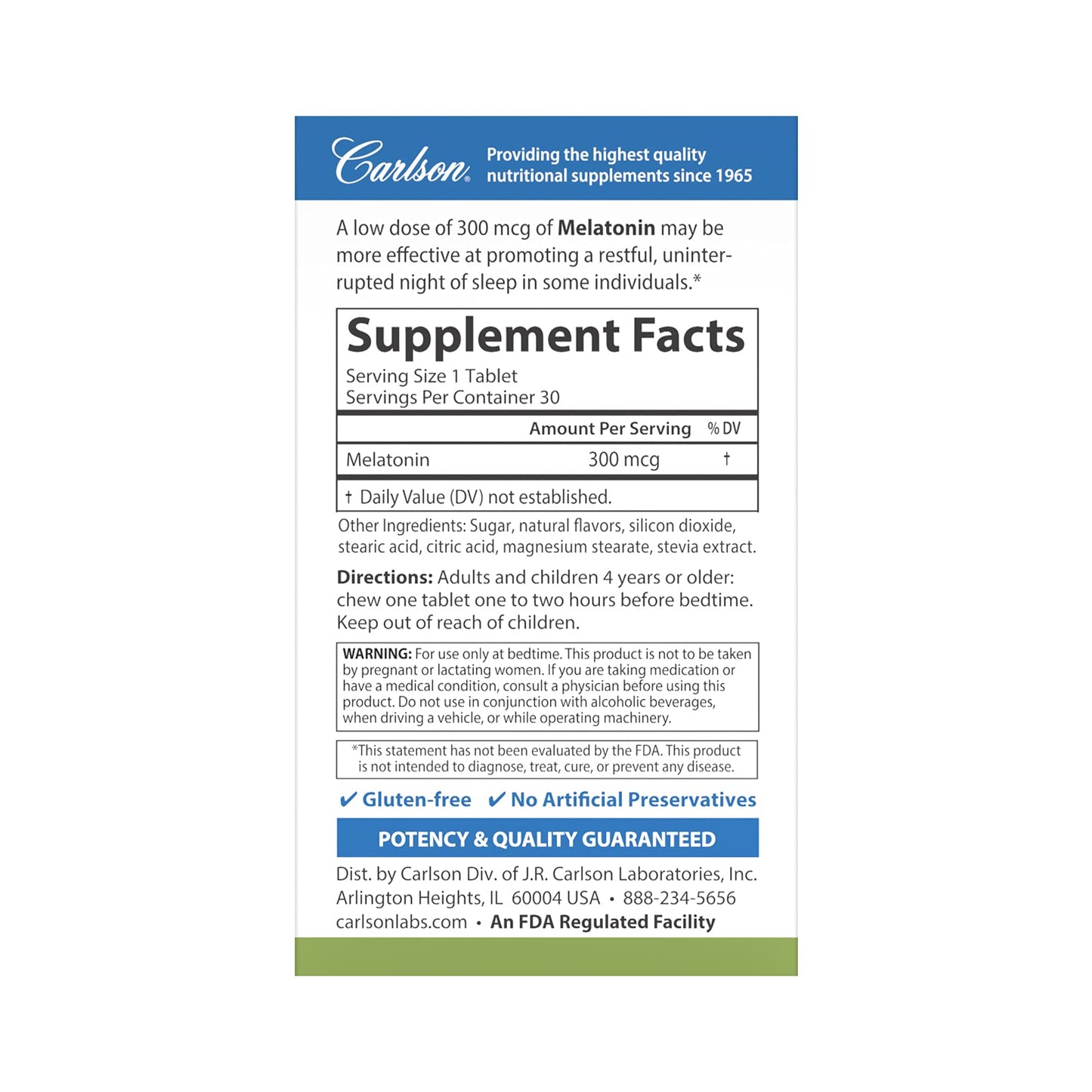 Carlson Melatonin 300 mcg, 30 Tablets