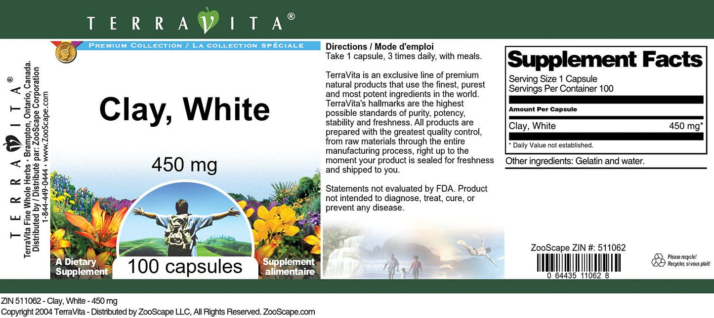 Terravita White Clay 450 mg Capsules, 100 Count